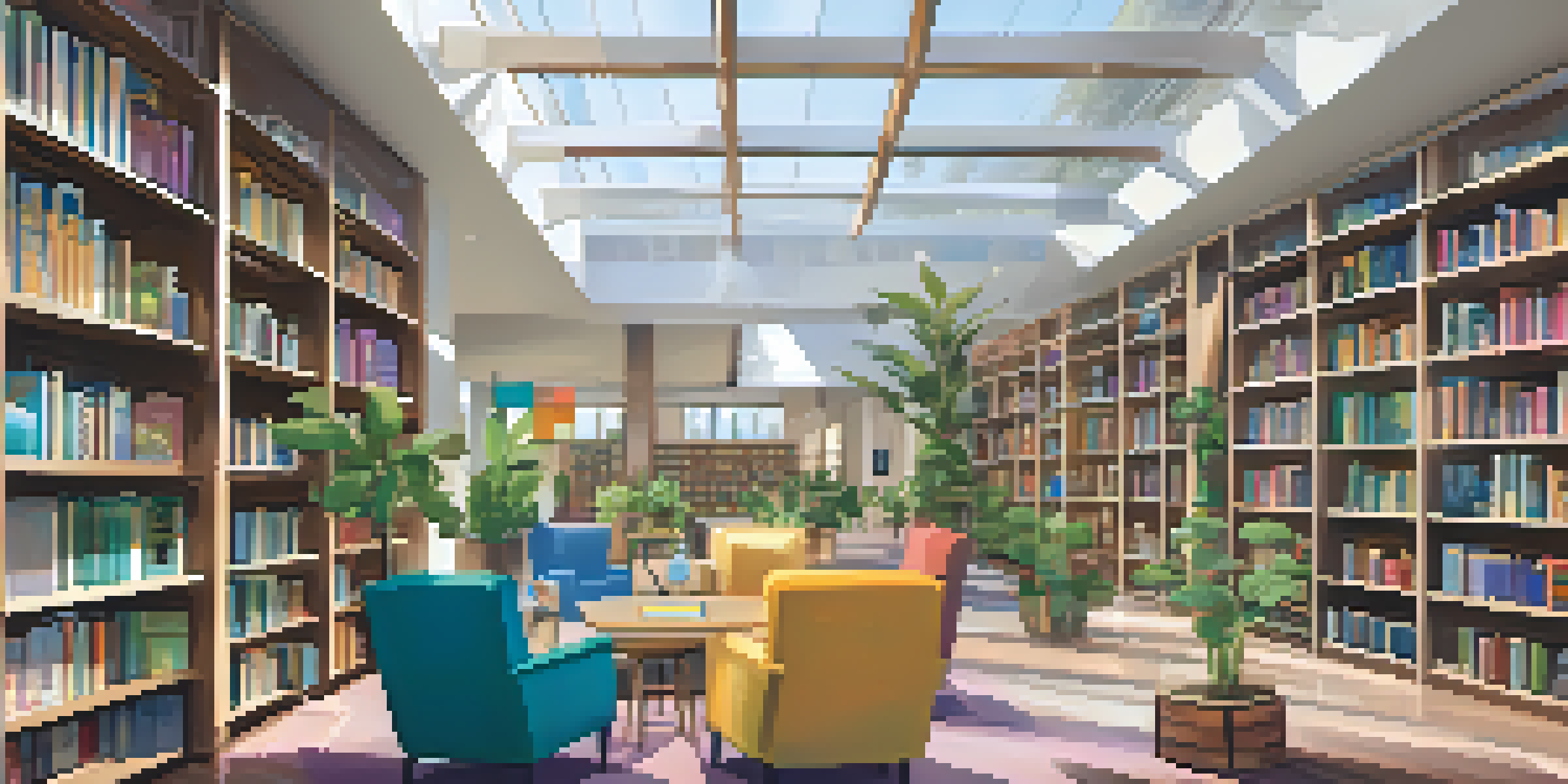 A lively interior of a Florida public library, showcasing bookshelves, reading spaces, and people engaging in community activities.