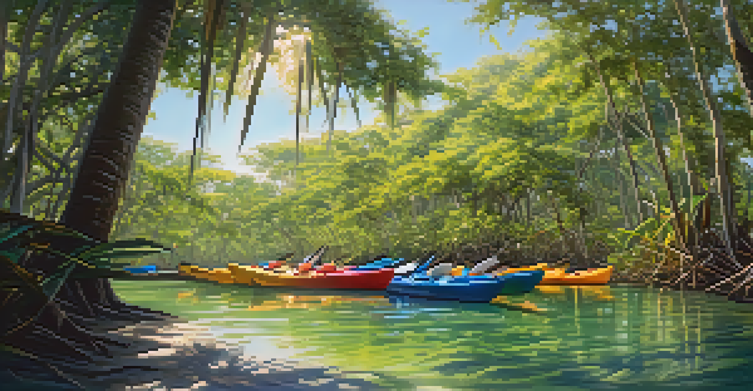 An eco-friendly kayak rental shop by a coastal mangrove with colorful kayaks and local guides.