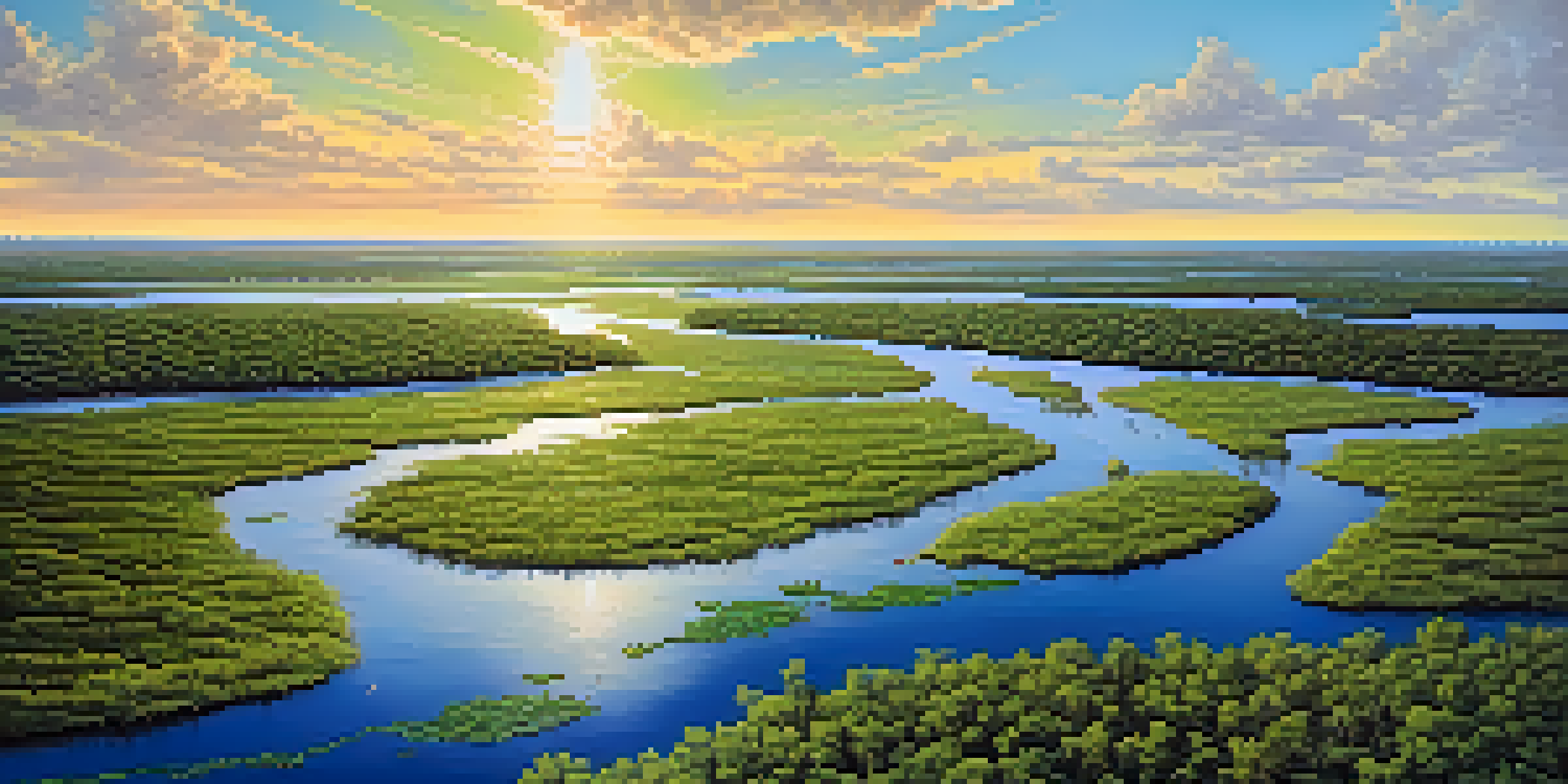 Aerial view of the Everglades wetlands featuring lush green grasses and winding waterways with alligators basking in the sun.