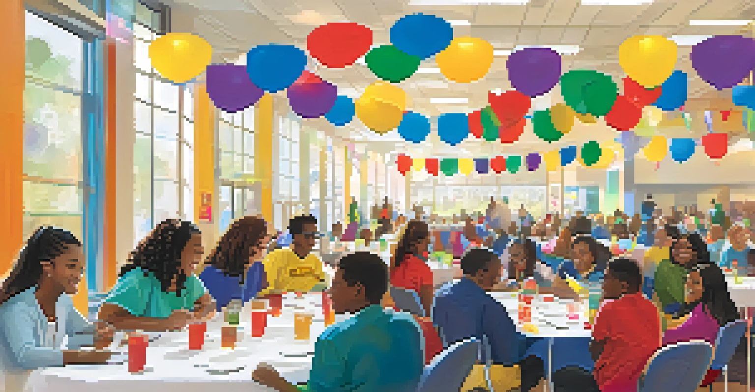 A community scholarship event with students and leaders discussing funding opportunities at decorated tables.
