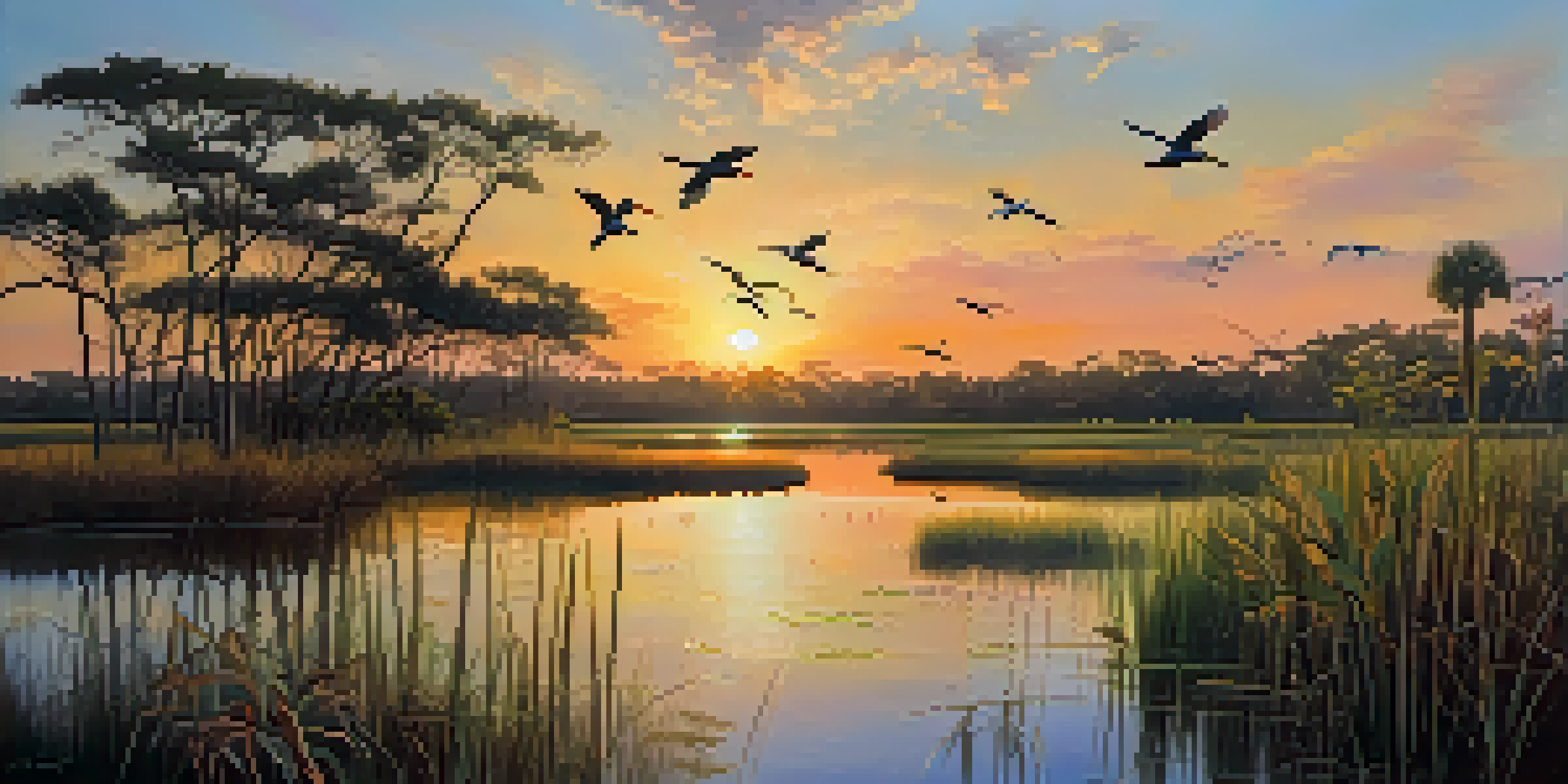 A beautiful Florida wetland at sunset with native plants and birds flying overhead, showcasing the vibrant colors of nature.