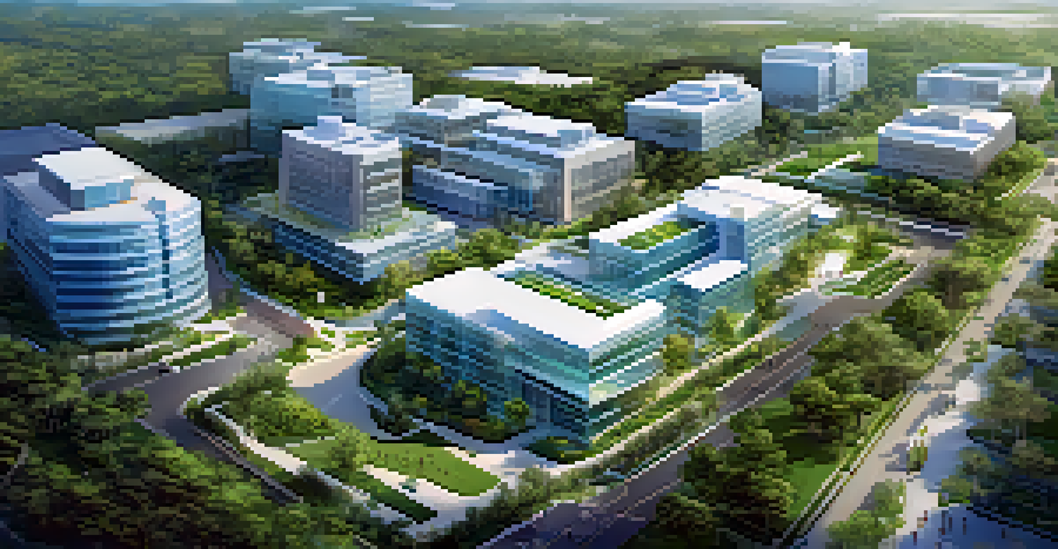 Aerial view of a biotechnology campus in Florida, showcasing modern buildings and green parks filled with people collaborating.
