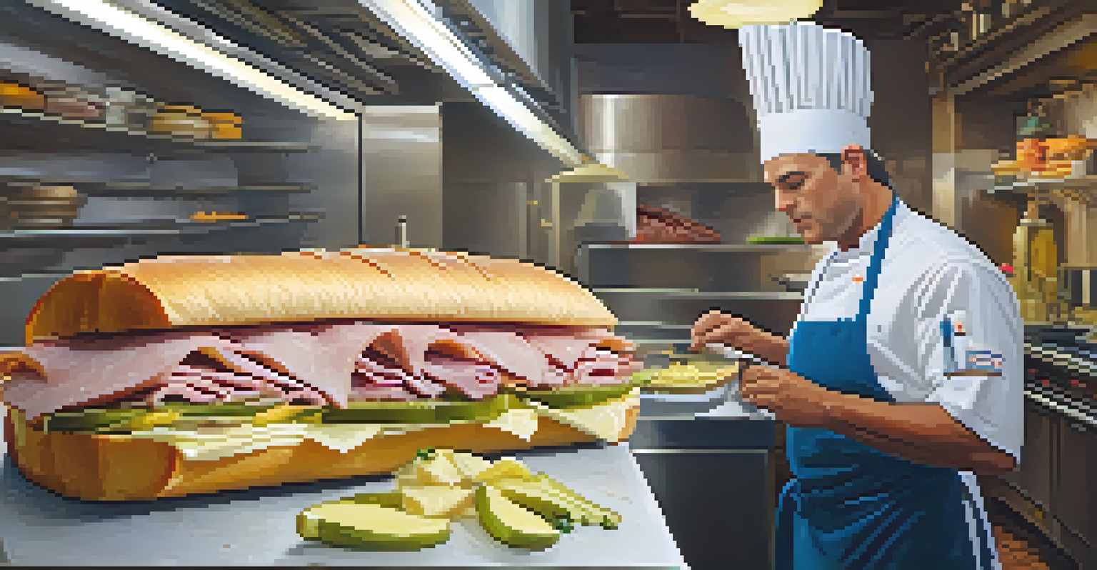 A close-up of a Cuban sandwich being made with ingredients layered on Cuban bread.