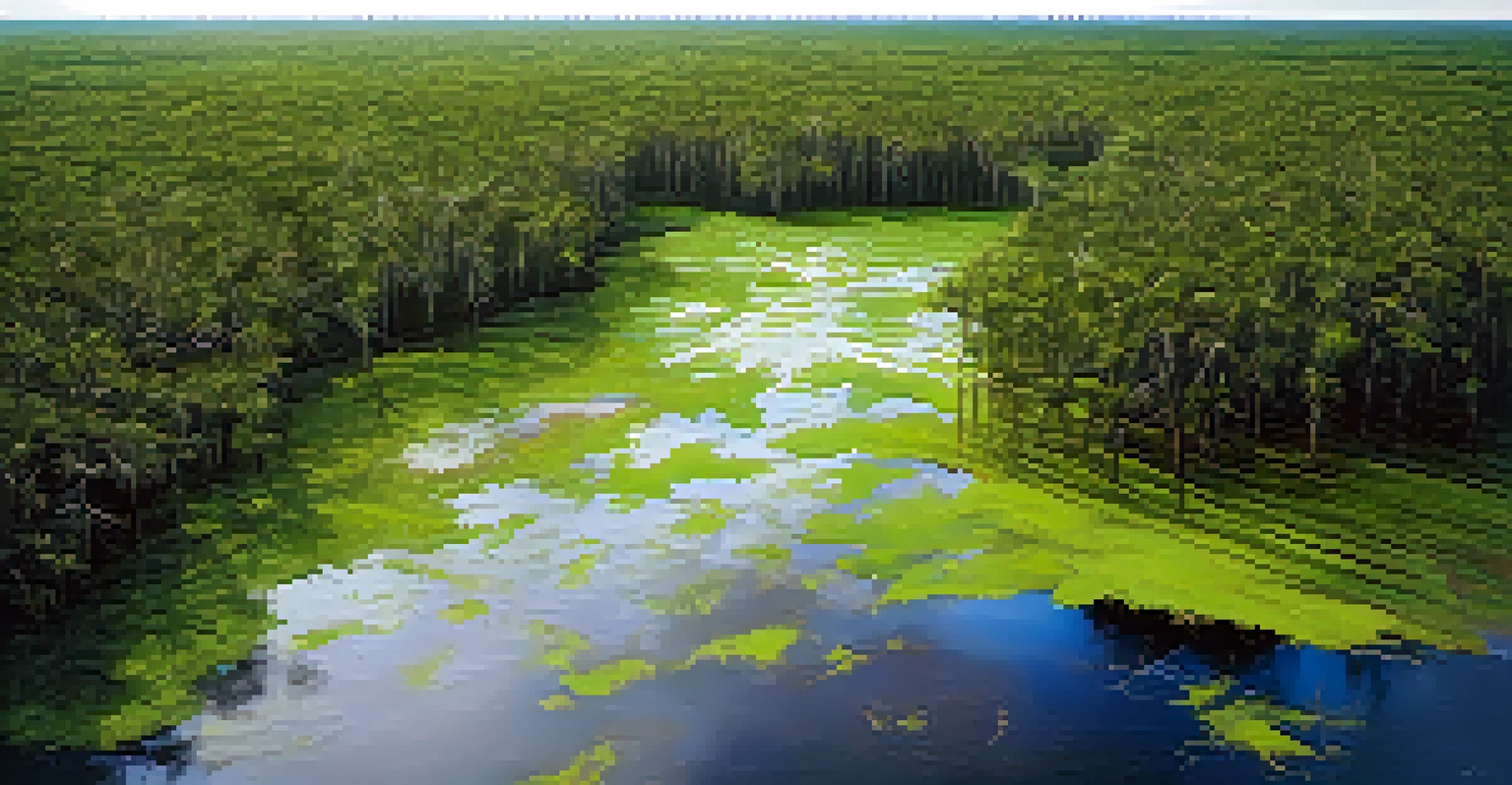 Aerial view of a wetland in Florida showing the aftermath of a hurricane with fallen trees and bright green vegetation.