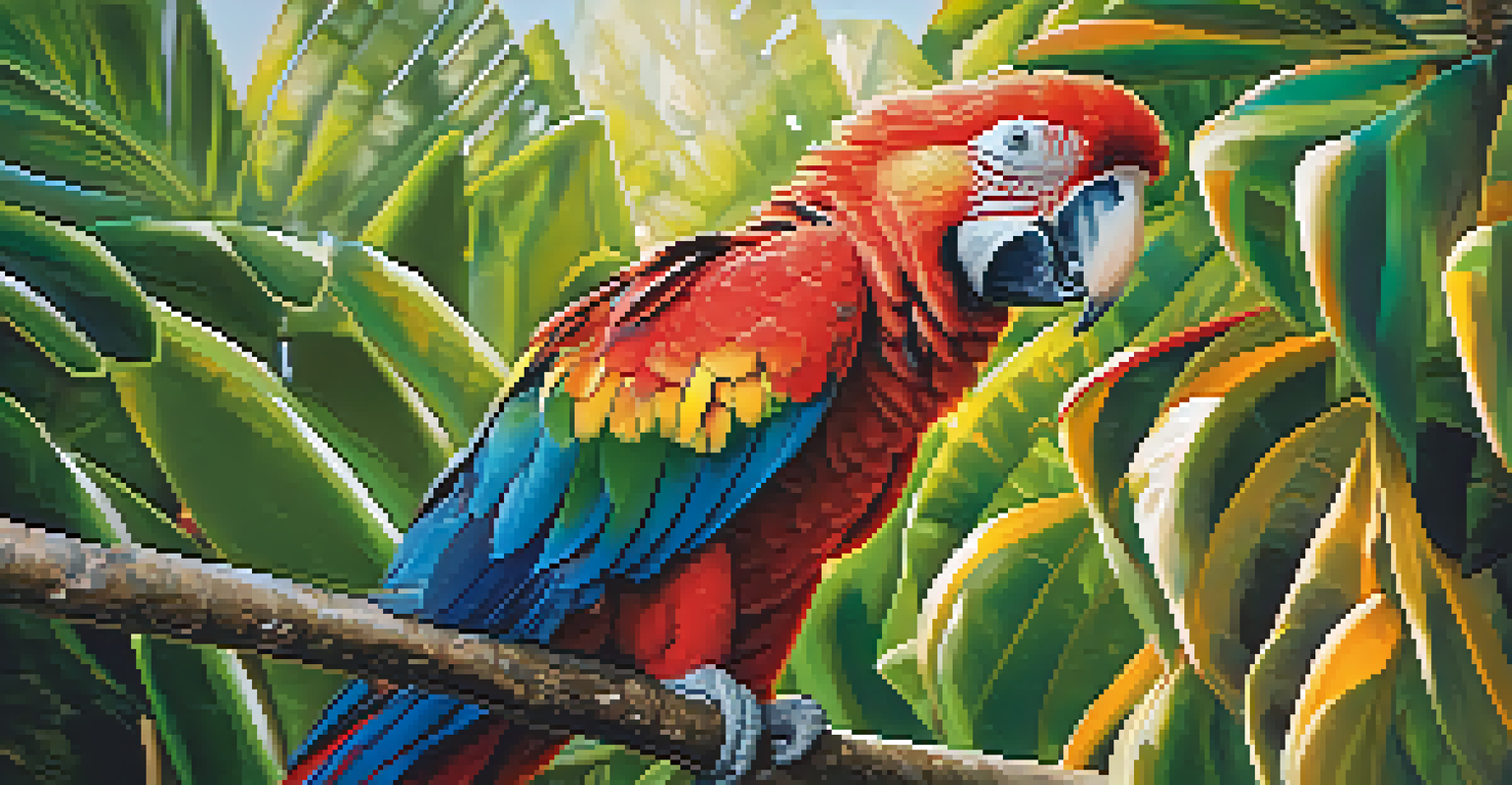 A colorful parrot perched on a branch, with sunlight highlighting its feathers against a blurred background of tropical foliage.