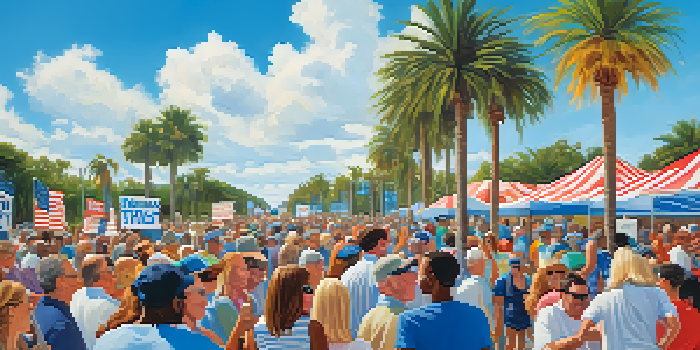A lively outdoor political rally in Florida with a diverse crowd, colorful campaign signs, and palm trees under a blue sky, emphasizing community engagement and safety.