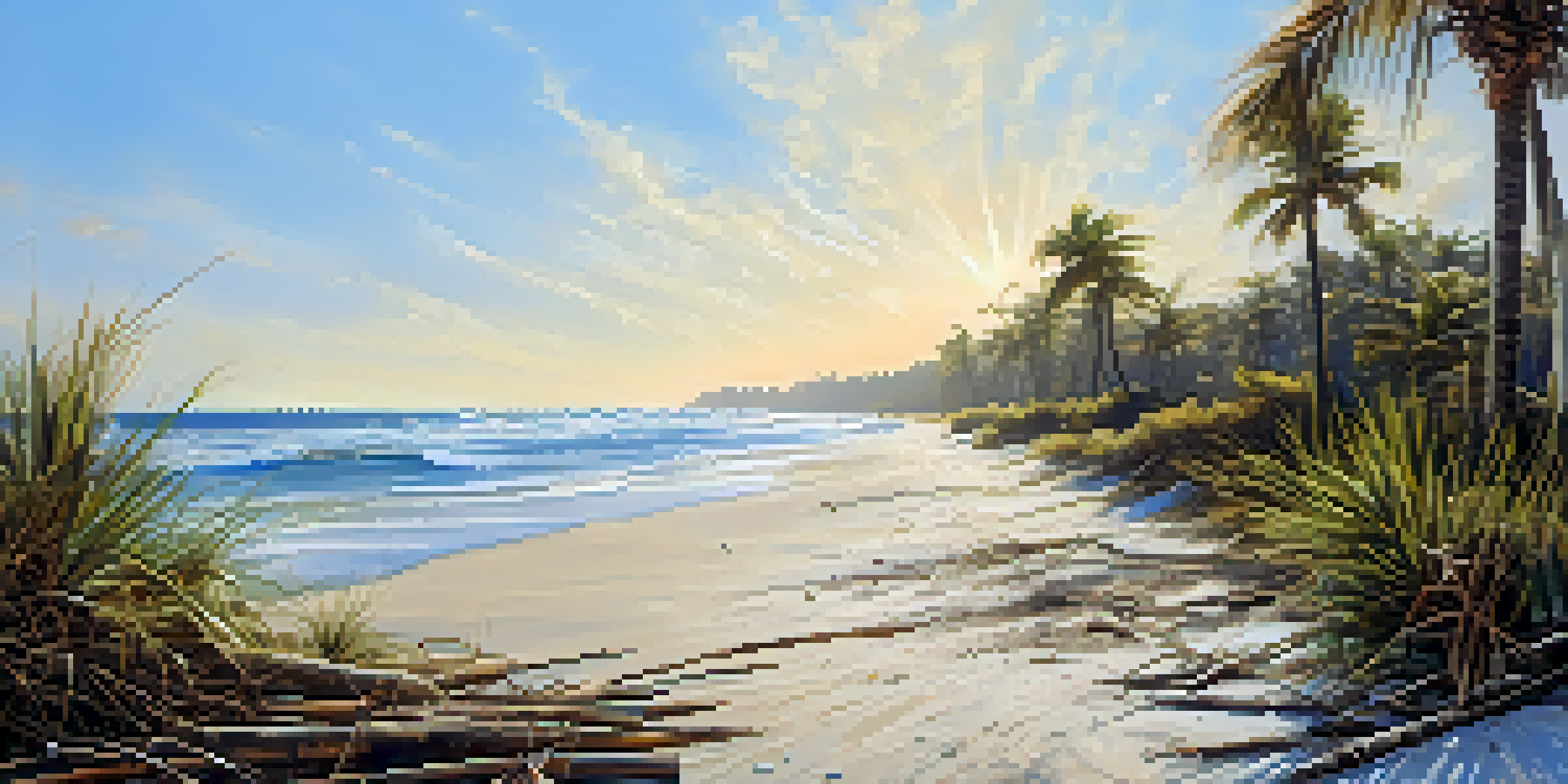 A Florida beach scene showing the aftermath of a hurricane, with palm trees and debris in the foreground and a clear blue sky in the background.