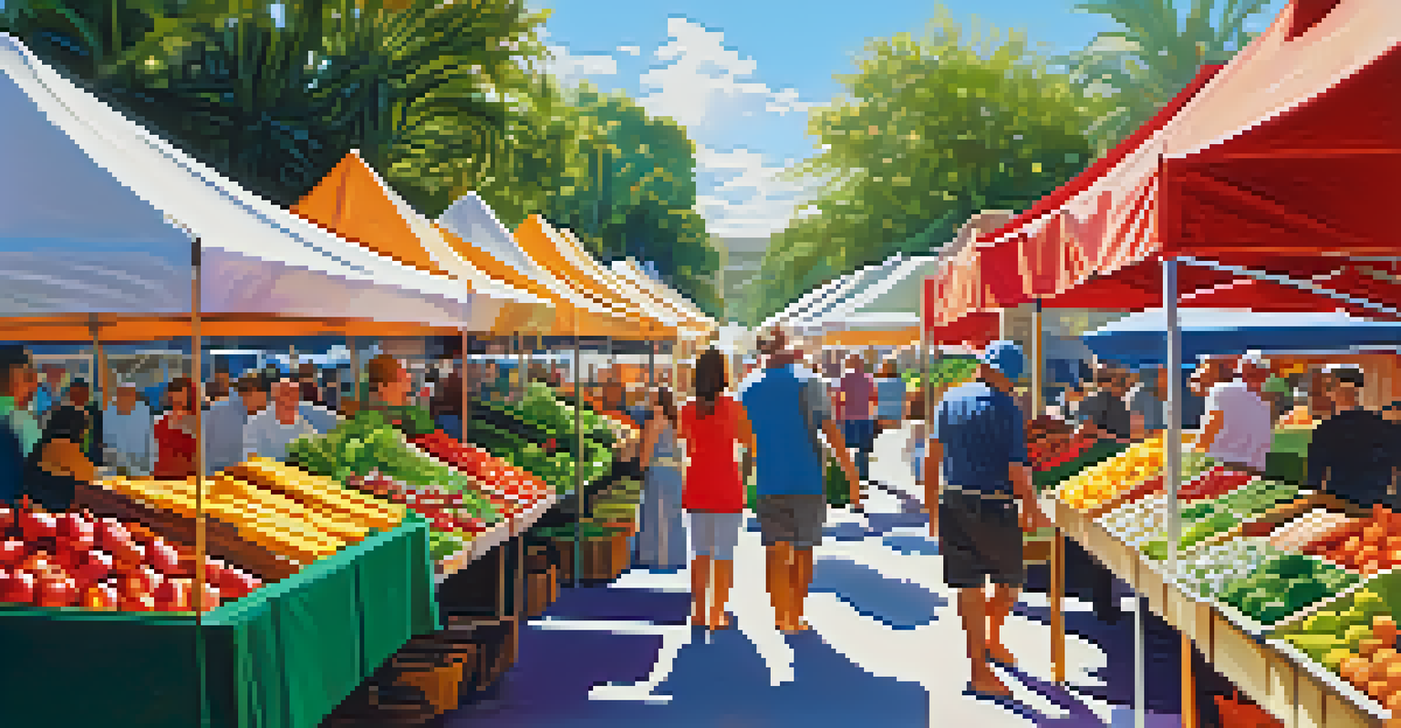 A close-up of a farmer's market in Florida, showcasing fresh produce and lively interactions among shoppers.