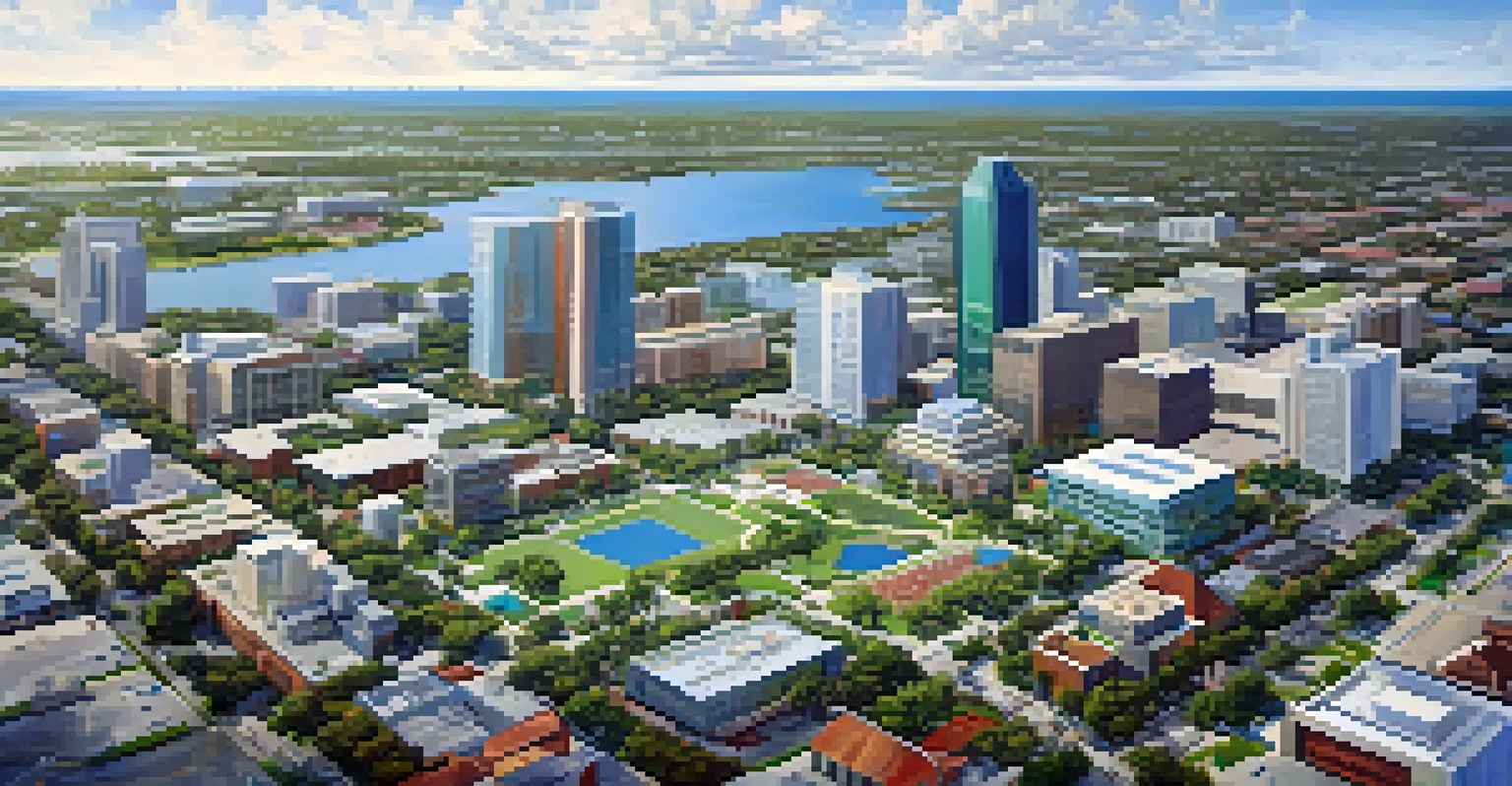An aerial view of a Florida city featuring various educational institutions and green spaces within the urban landscape.