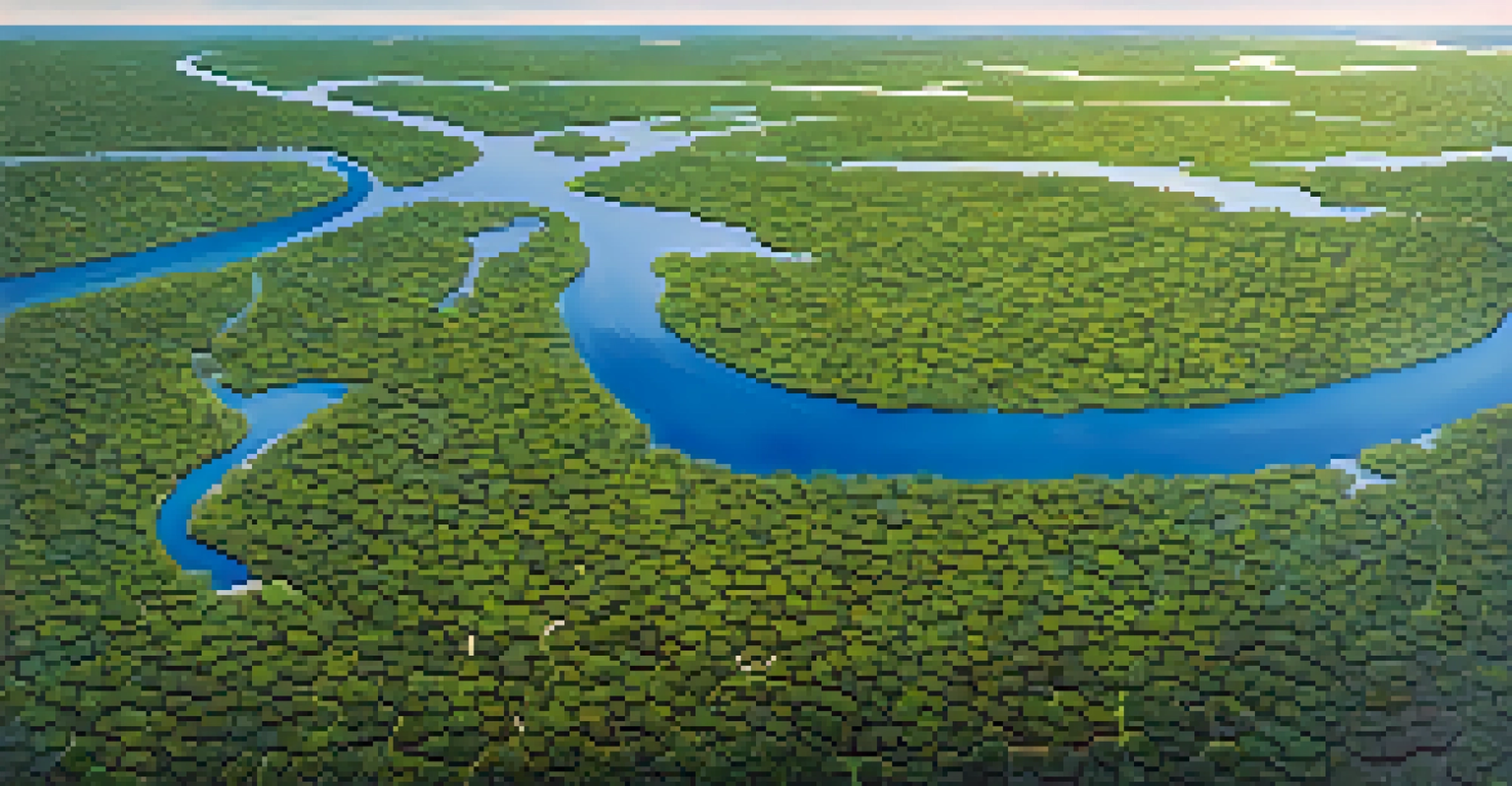 Aerial view of the Everglades wetlands showing green vegetation, blue waterways, and alligators.