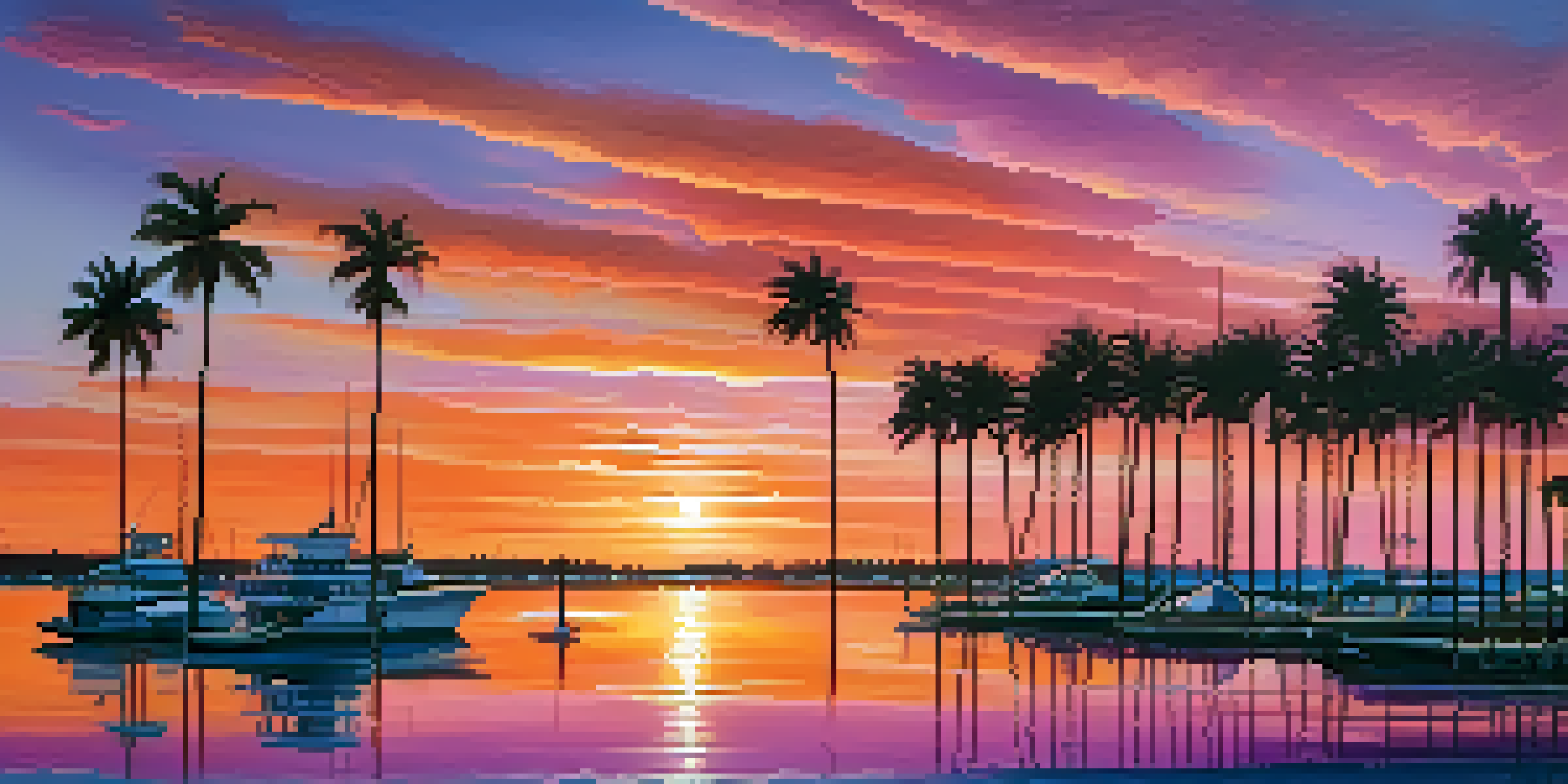 A beautiful Florida coastline at sunset with palm trees in silhouette and colorful reflections on the ocean.
