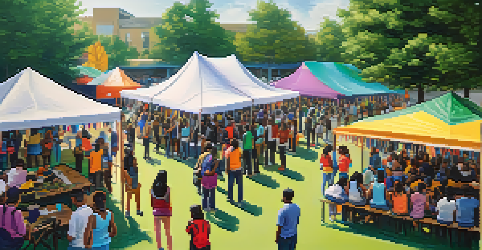 Students and community members collaborating at an outdoor event, with colorful tents and a lively atmosphere.