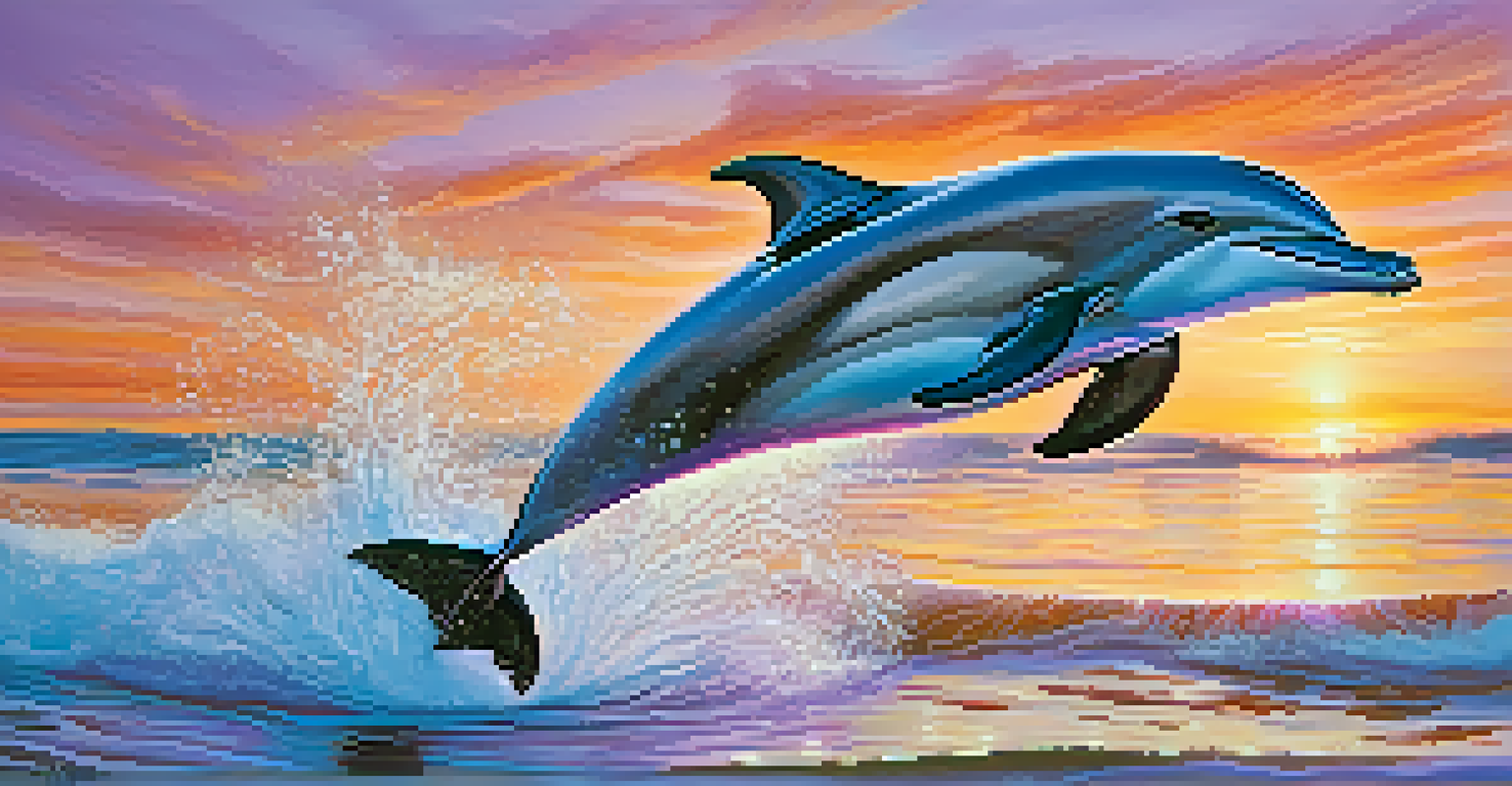 A dolphin leaping out of the water at sunset, with a colorful sky reflecting on the surface of the ocean.