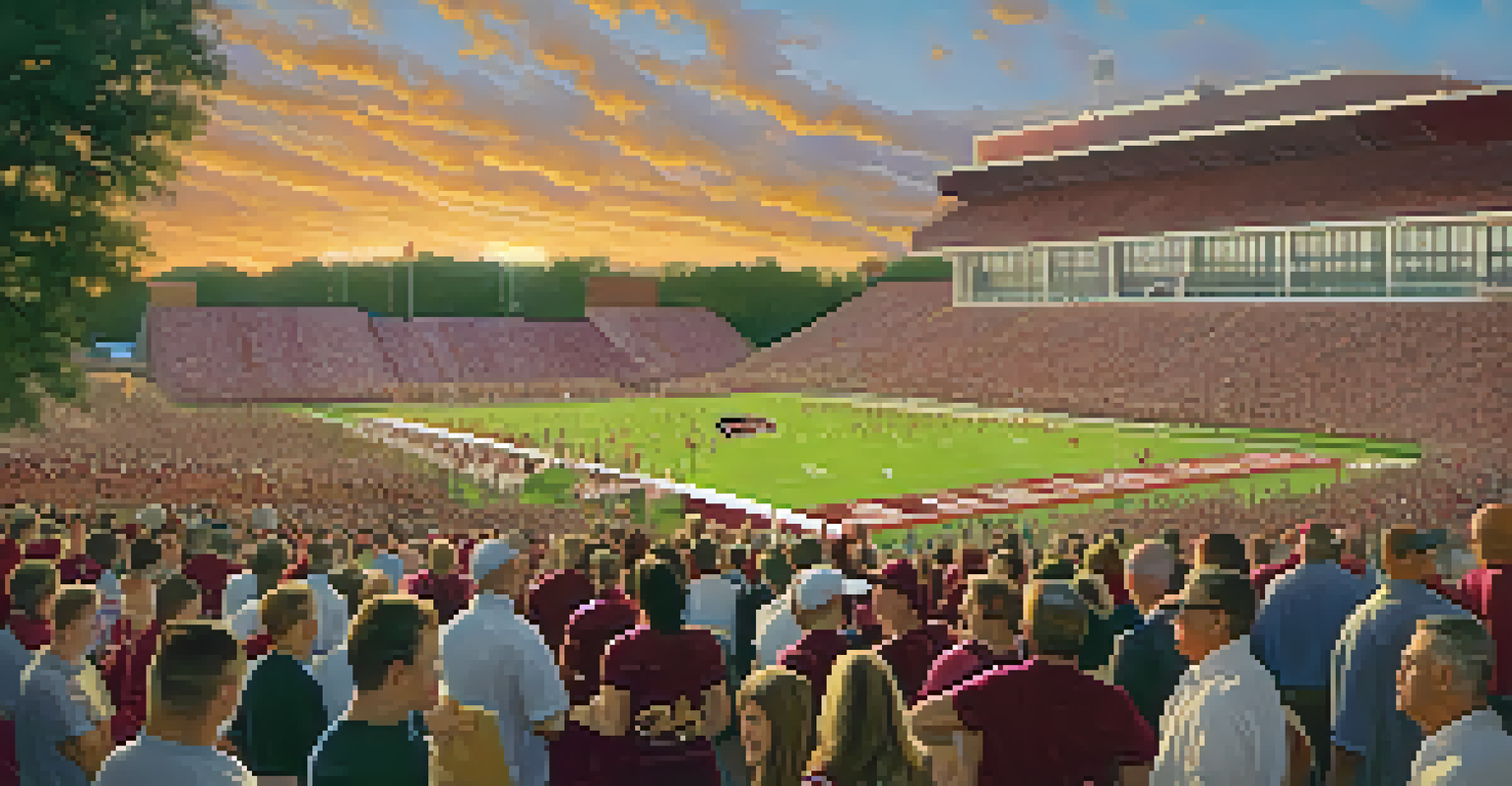 Alumni celebrating homecoming at Florida State University with a sunset backdrop and a football game.