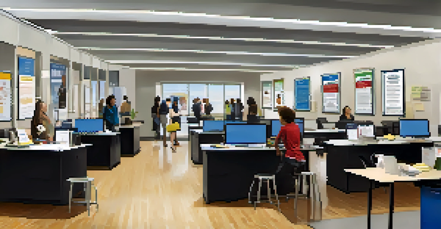 A career services office with a career advisor helping a student with resume preparation, showcasing an active job search environment.