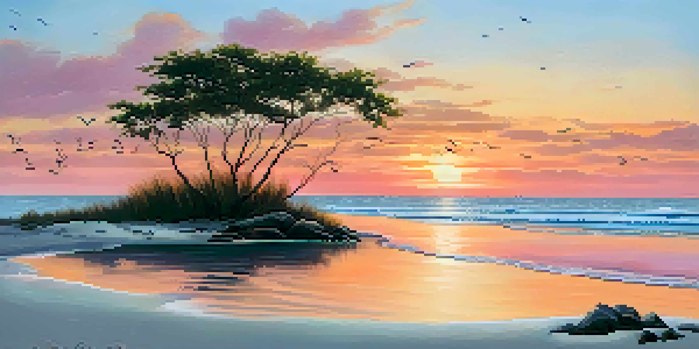 A peaceful Florida beach at sunrise, with colorful sky reflections, mangroves, and shorebirds along the shore.
