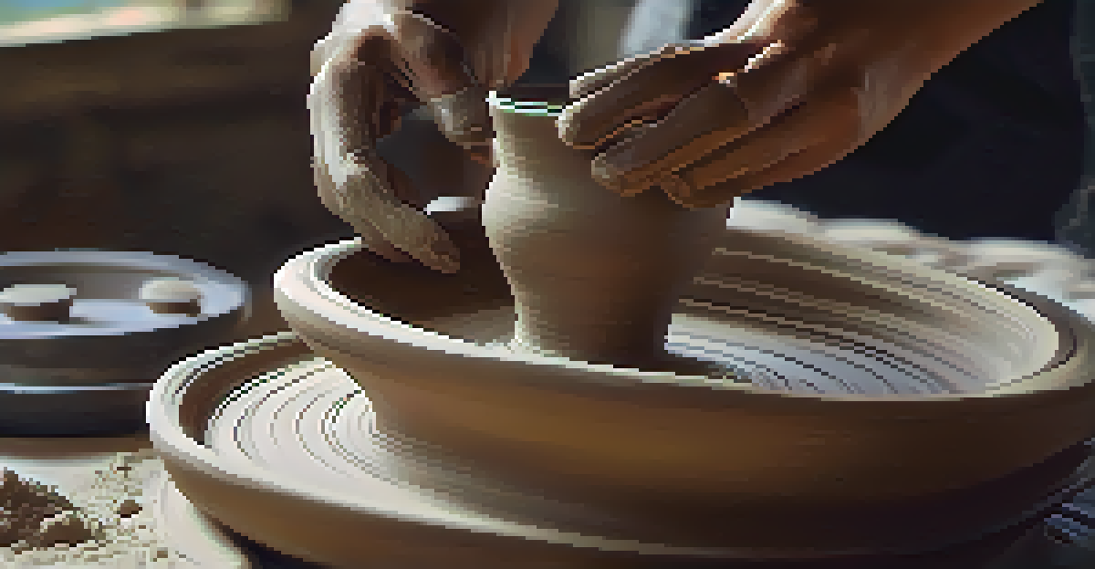 A close-up of a student shaping clay on a pottery wheel, showcasing the intricate details of the artistry.
