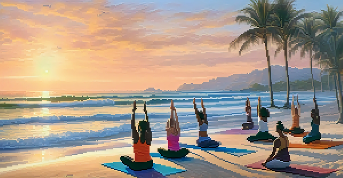 A group of people practicing yoga on the beach at sunrise, surrounded by palm trees and the ocean.