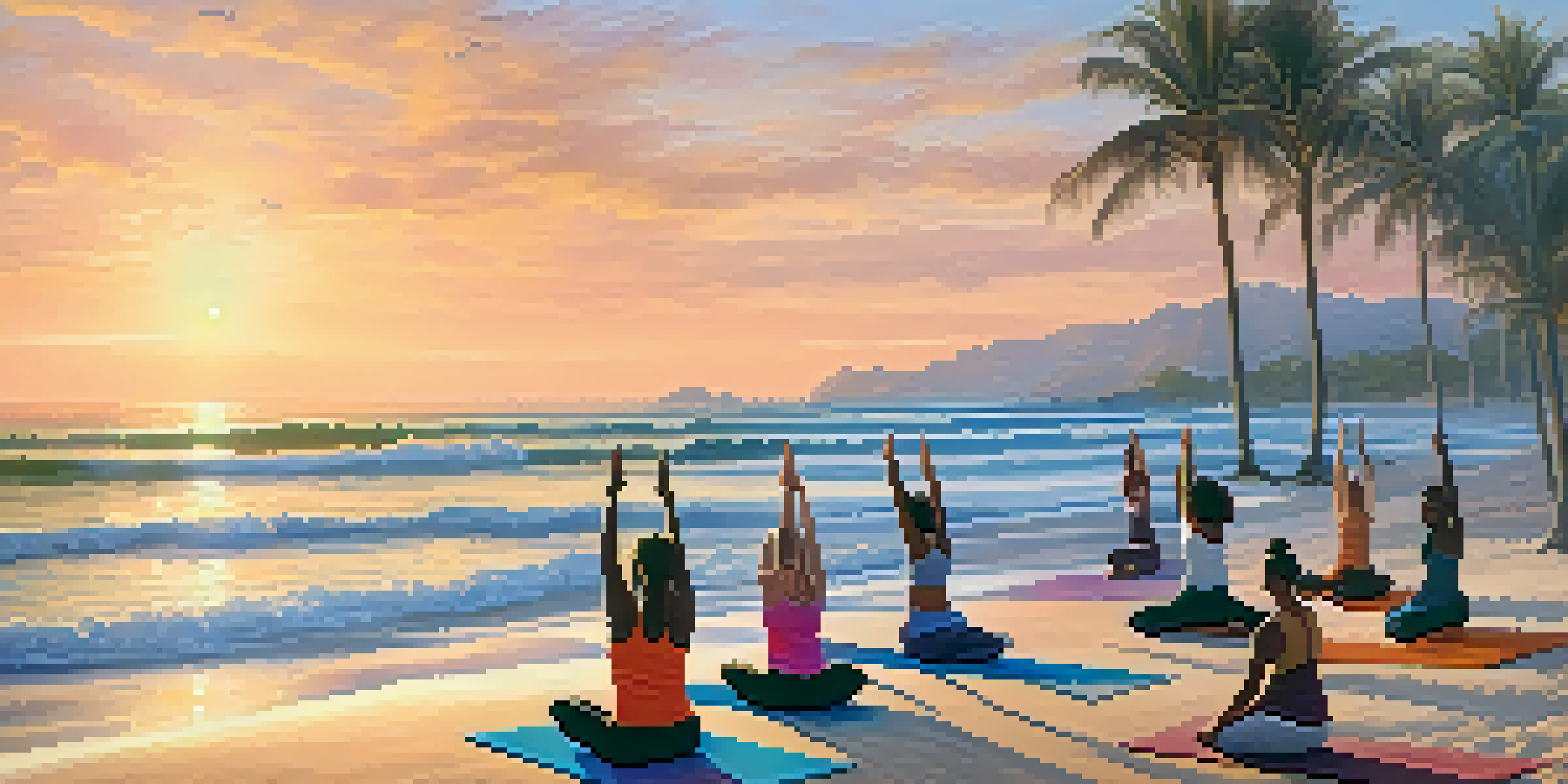 A group of people practicing yoga on the beach at sunrise, surrounded by palm trees and the ocean.