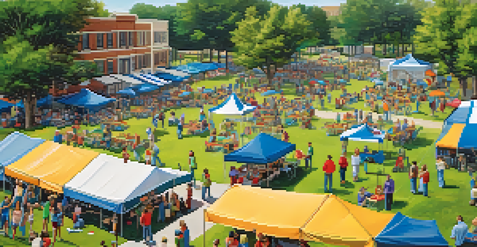 A community gathering in a park for a weather preparedness event with colorful tents and families interacting.