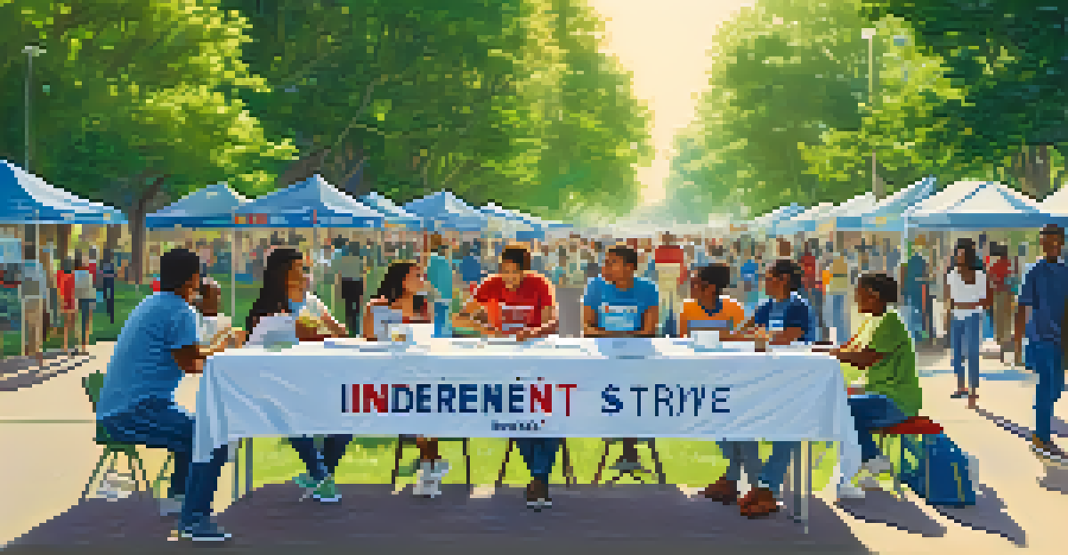 A vibrant voter registration drive in a park with volunteers encouraging passersby to register, surrounded by greenery and colorful banners.