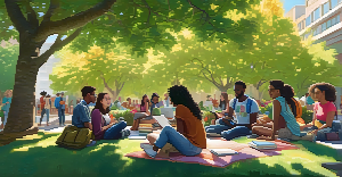 A diverse group of college students sitting together in a sunny courtyard, discussing and studying with laptops and books.