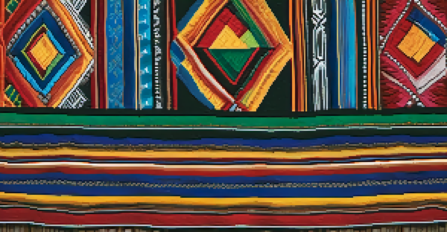 A detailed close-up of a traditional Seminole patchwork textile against a wooden background, showcasing vibrant colors and intricate designs.