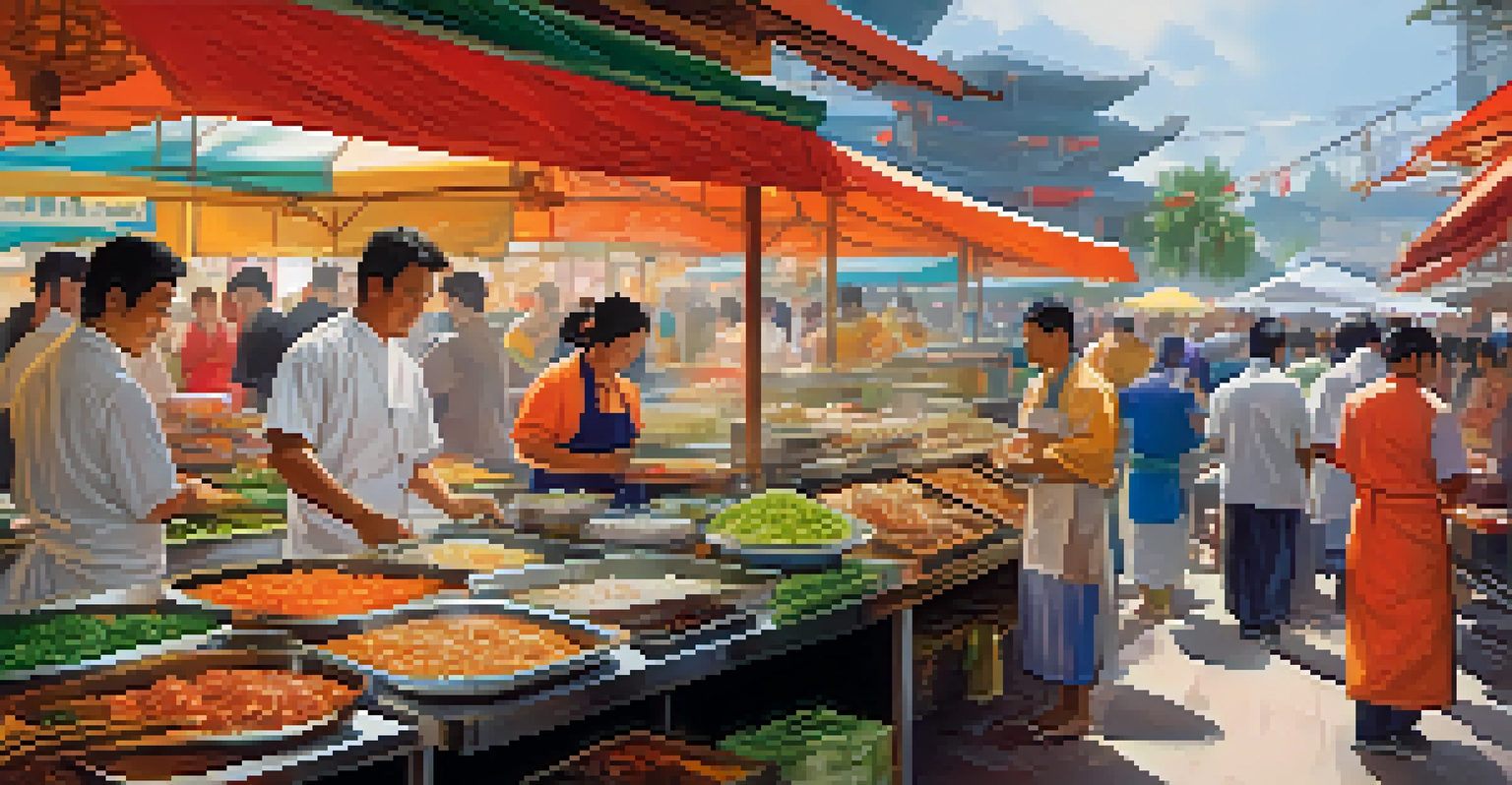 A bustling food market in Florida featuring stalls with a variety of Asian dishes like sushi, pho, and pad Thai, with chefs and customers interacting.