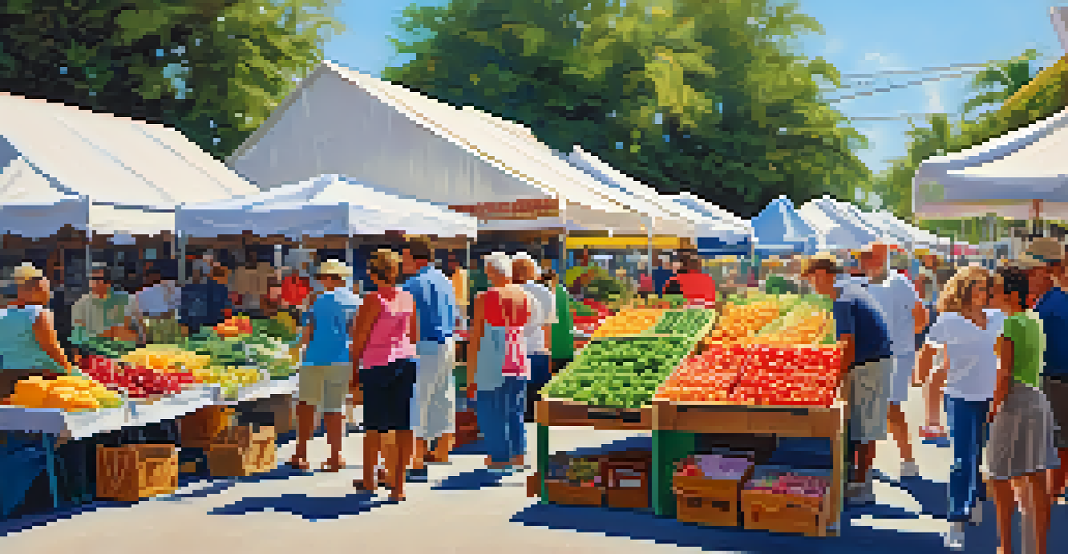 A lively farmers' market in Florida with colorful stalls and shoppers interacting with local farmers.