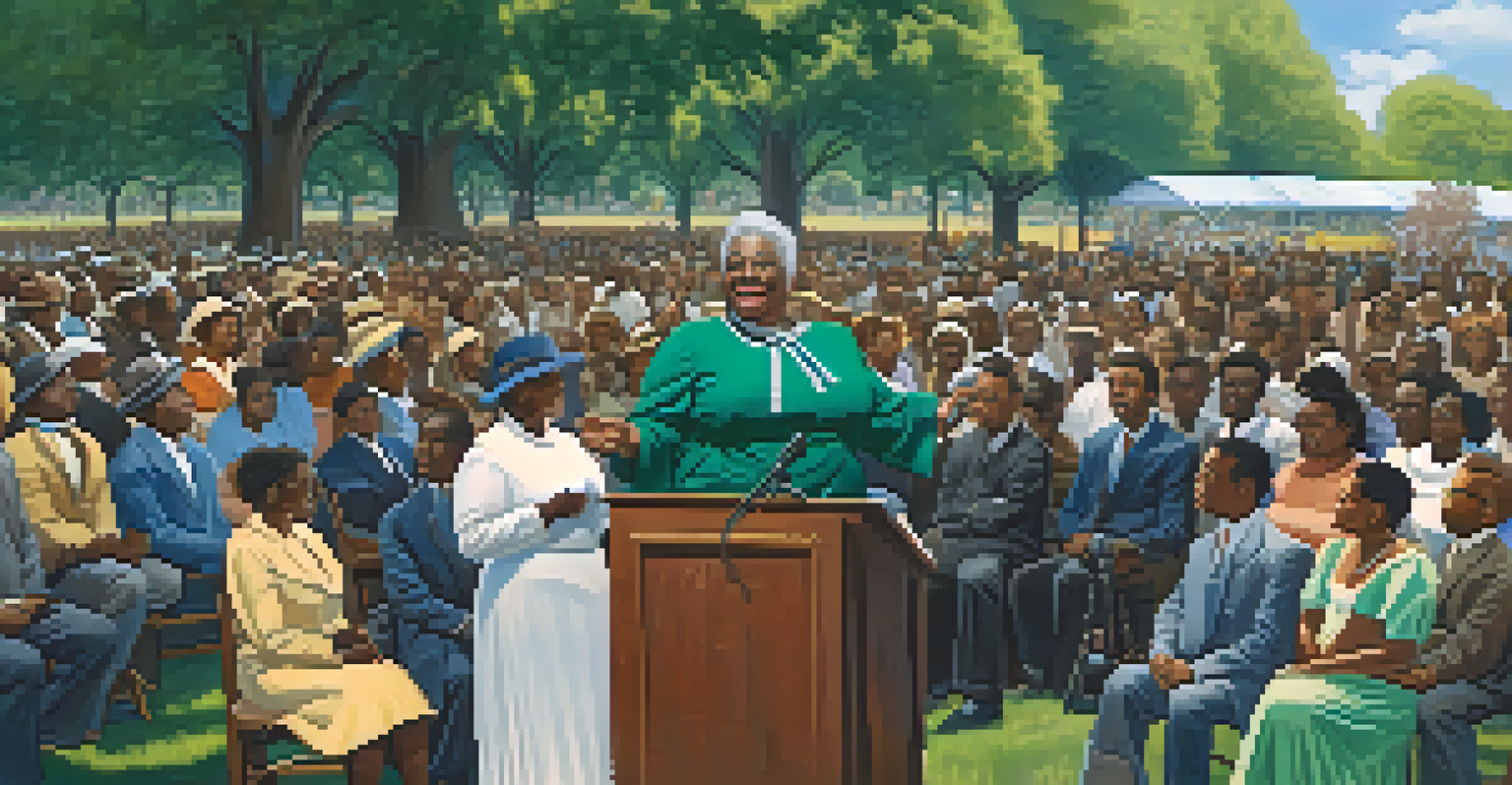 Dr. Mary McLeod Bethune speaking passionately to a crowd of engaged community members in a park, surrounded by trees and a bright blue sky.