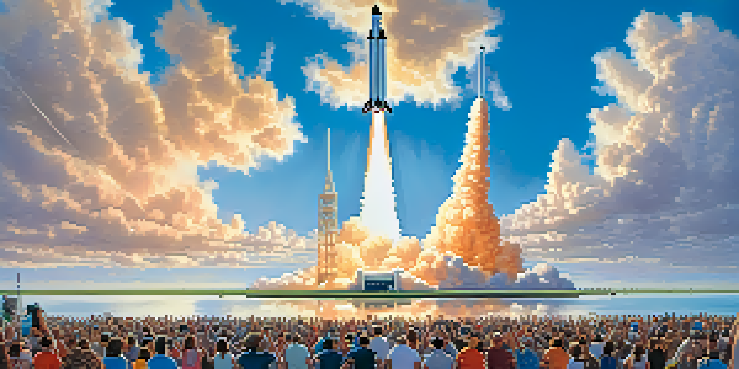 A rocket launching from Kennedy Space Center with spectators in the foreground, under a clear blue sky.