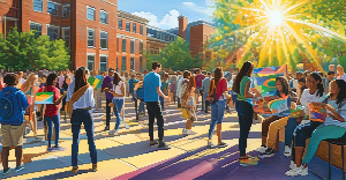 A colorful university campus with students and community members working together on a mural, surrounded by art supplies and bright sunlight.