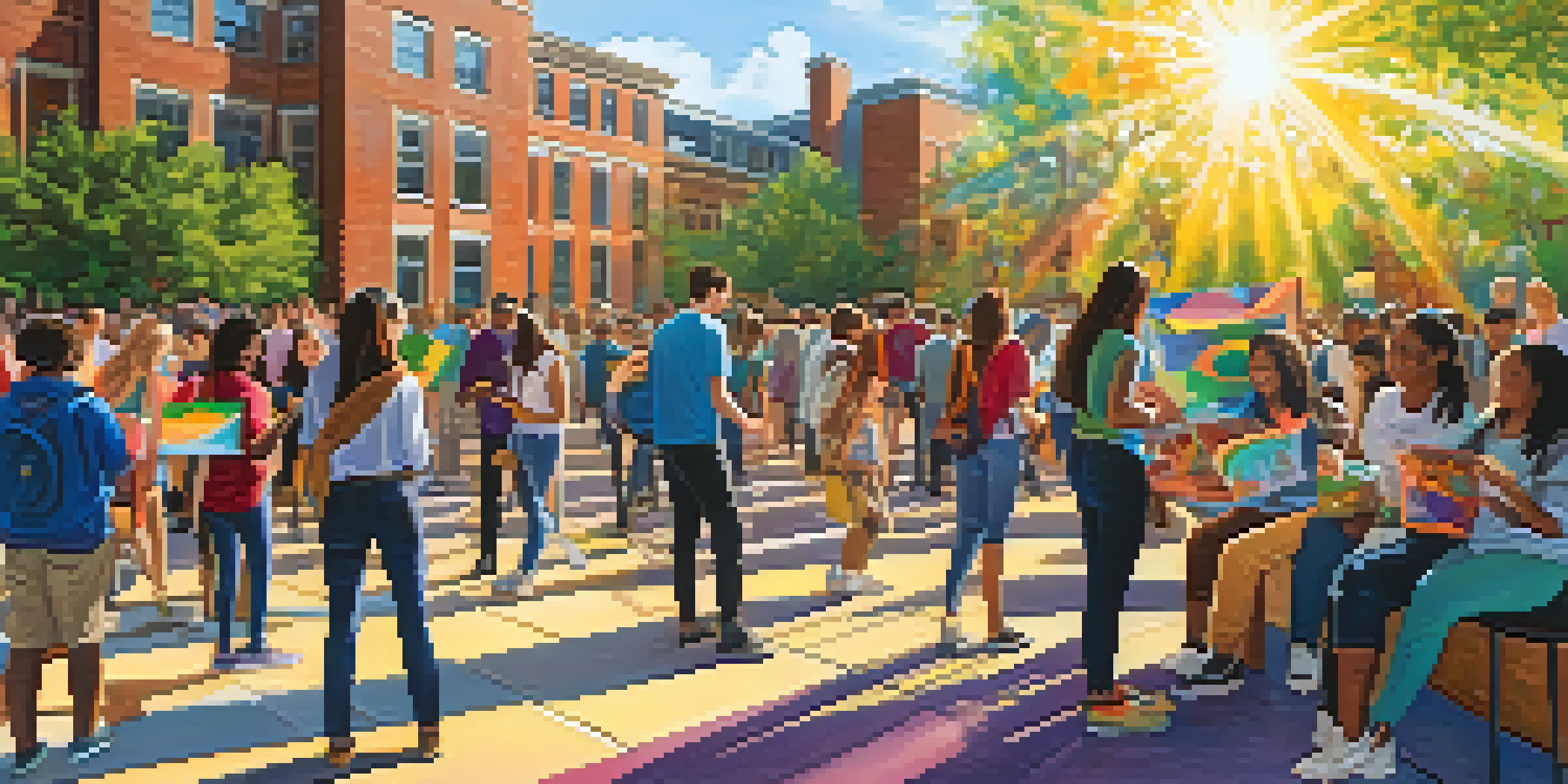 A colorful university campus with students and community members working together on a mural, surrounded by art supplies and bright sunlight.