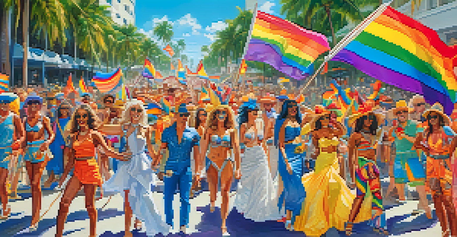 A lively parade at Miami Beach Pride Festival with diverse participants in flamboyant costumes, waving rainbow flags under a bright blue sky and palm trees.