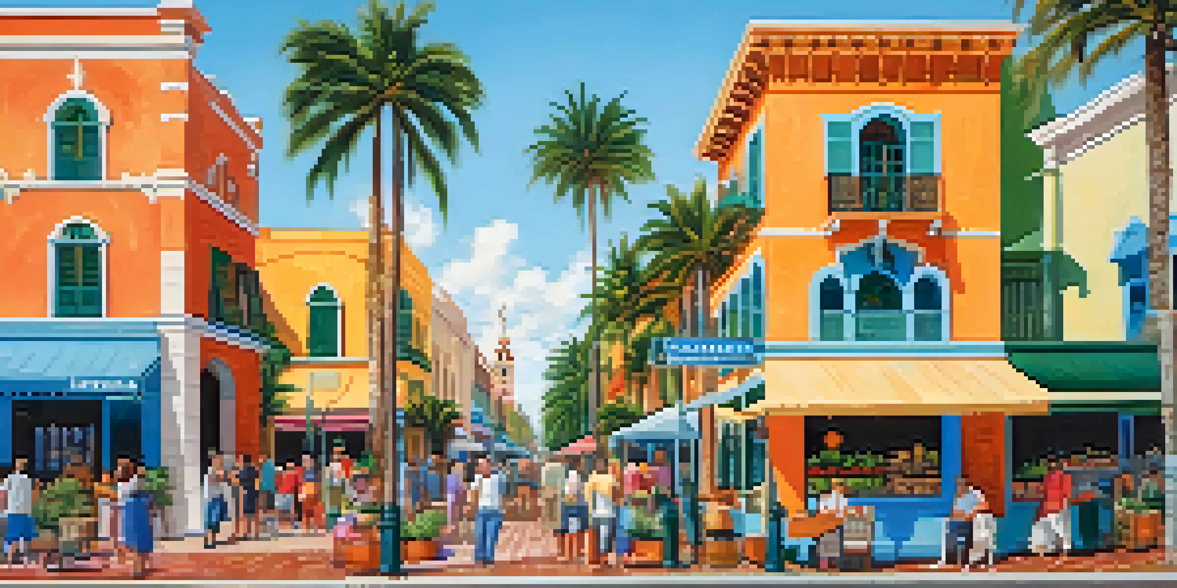 A lively street scene in a historic Florida town with Spanish Colonial buildings, palm trees, and residents participating in market activities.