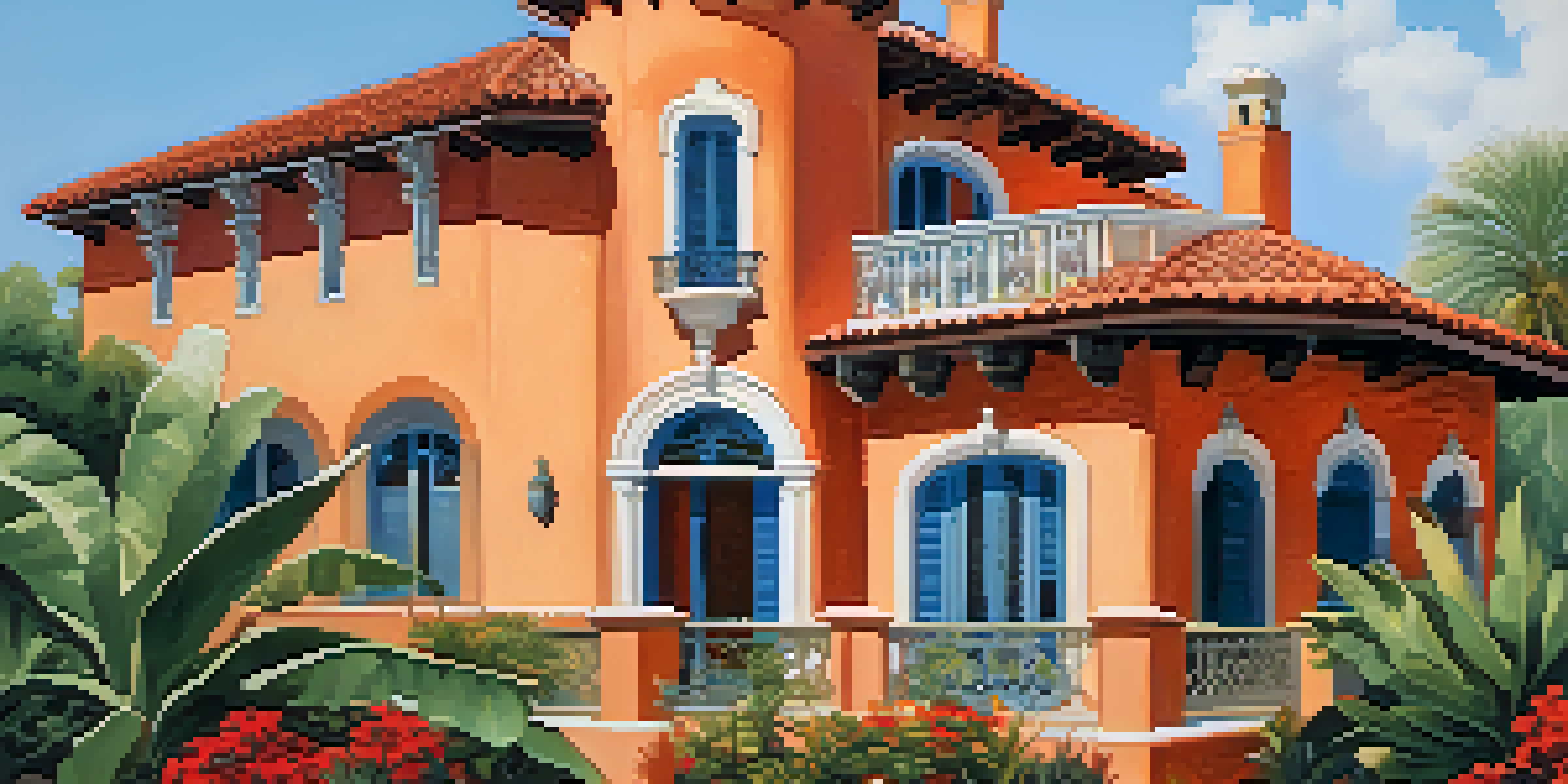 A charming Spanish Colonial Revival house with stucco walls and a red-tiled roof, surrounded by colorful gardens under a clear blue sky.