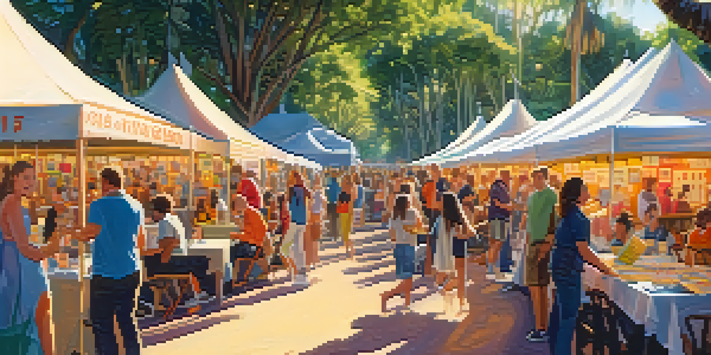 A lively Florida literary festival with authors, attendees, and colorful tents under bright sunlight.