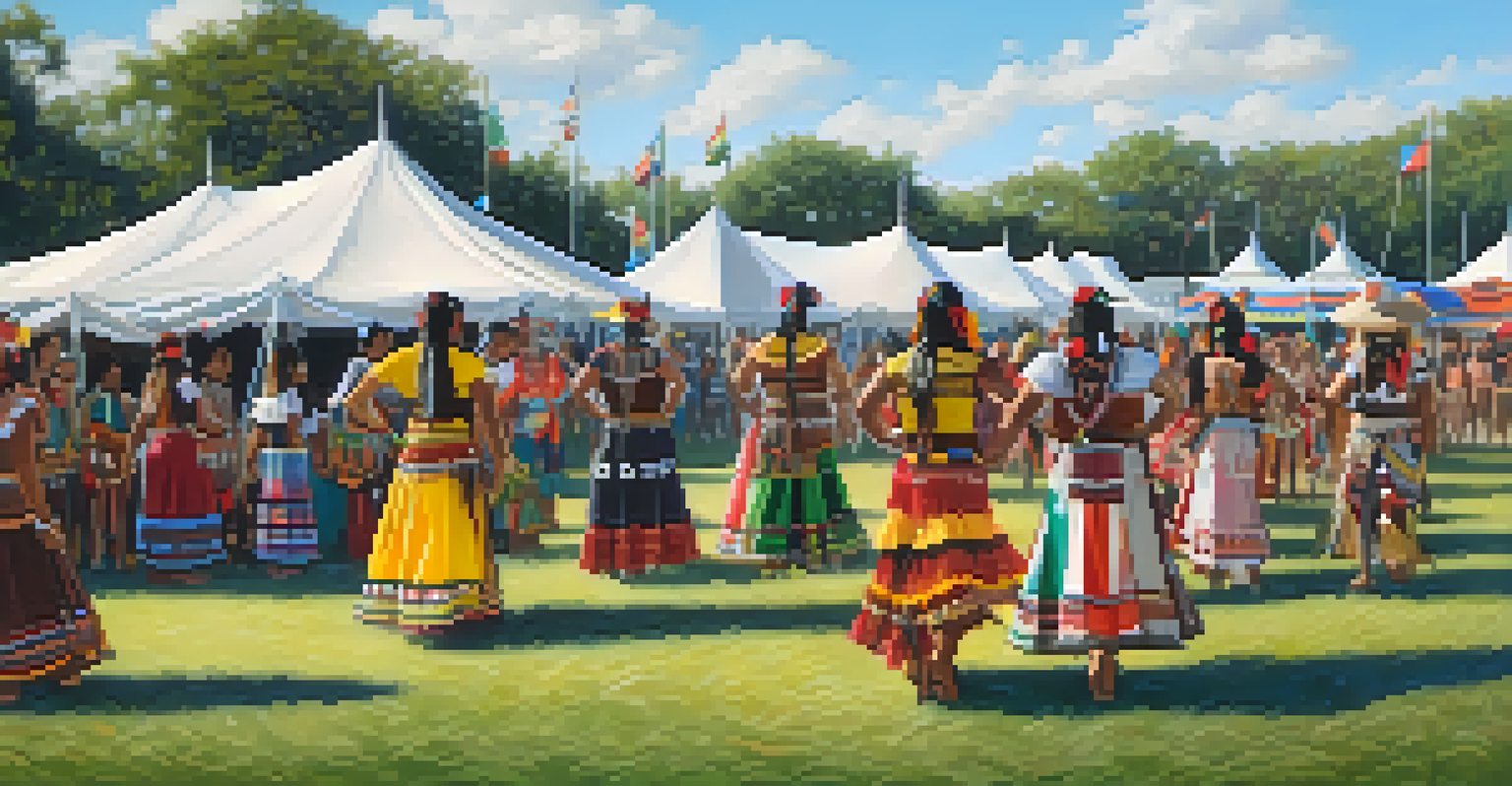 Traditional Native American dancers performing at the Seminole Tribal Fair, surrounded by booths showcasing crafts and a lively audience.