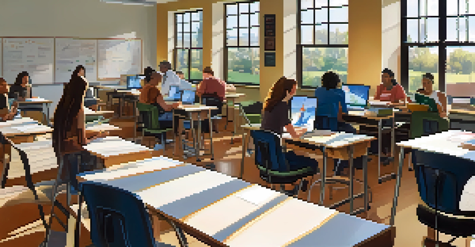 A classroom in a community college with diverse adult learners collaborating on a project in a bright environment.