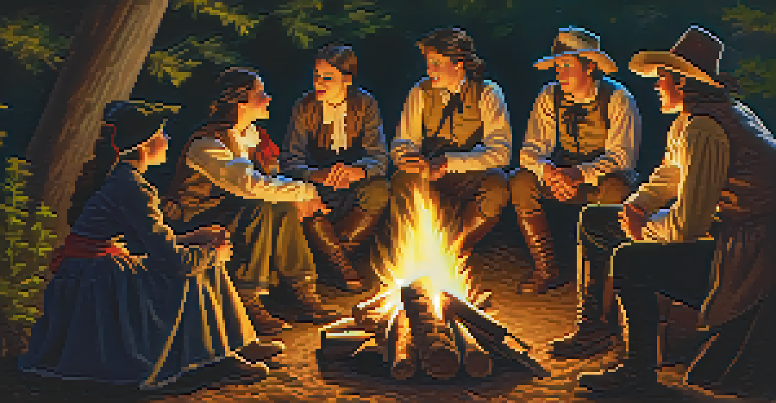 Young people in colonial attire gathered around a campfire, sharing stories with warm firelight illuminating their faces under a dark night sky.