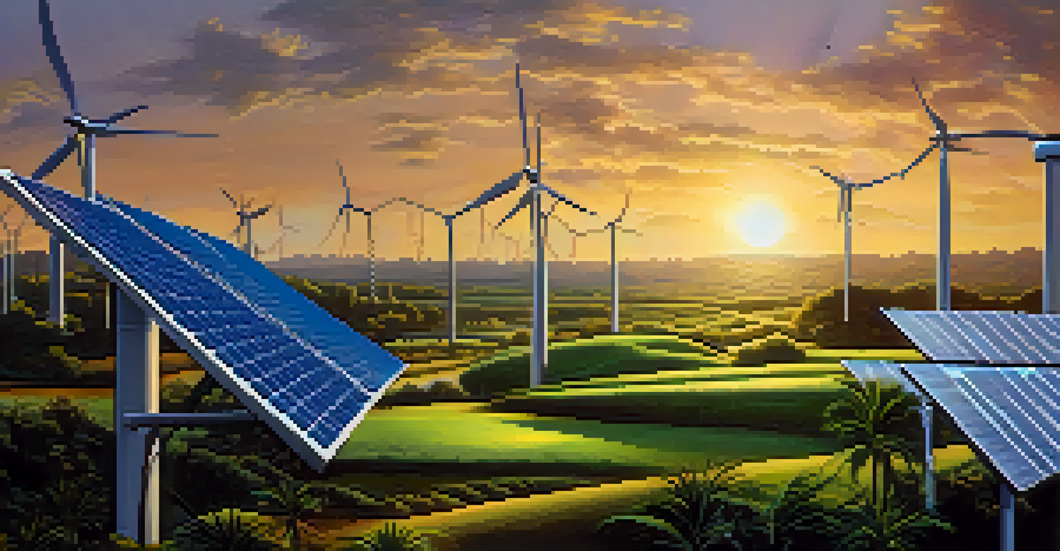 A futuristic landscape in Florida with solar panels, wind turbines, and greenery at dusk with soft lighting.
