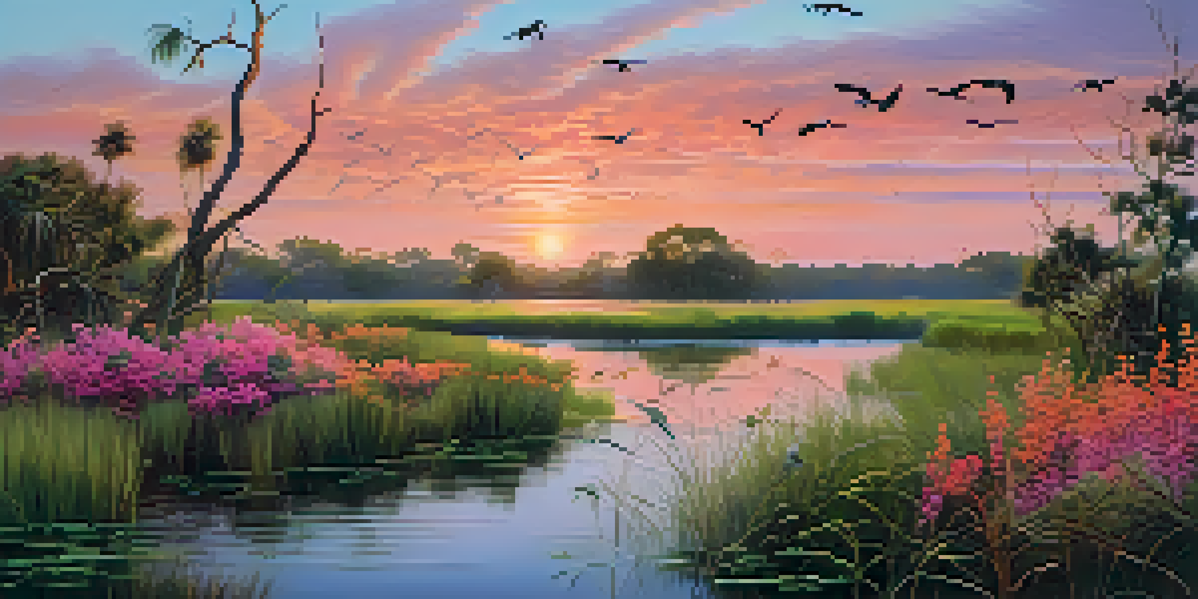 A tranquil wetland in Florida during sunset, with green plants, a winding waterway, and birds in flight.