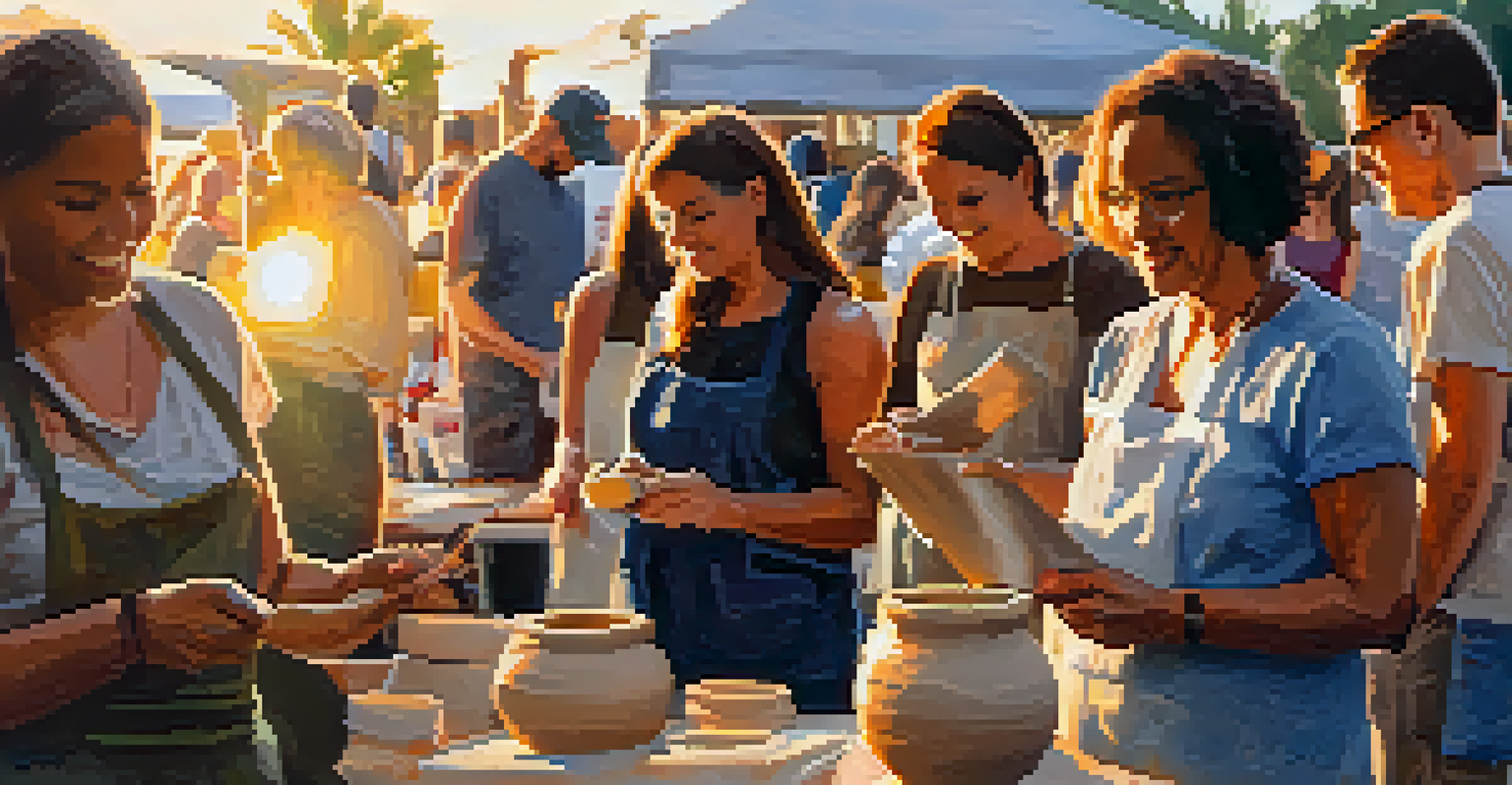 Attendees participating in a pottery workshop during the Art on the Waterfront festival, with beautiful sunset lighting and artwork displayed along the bay.