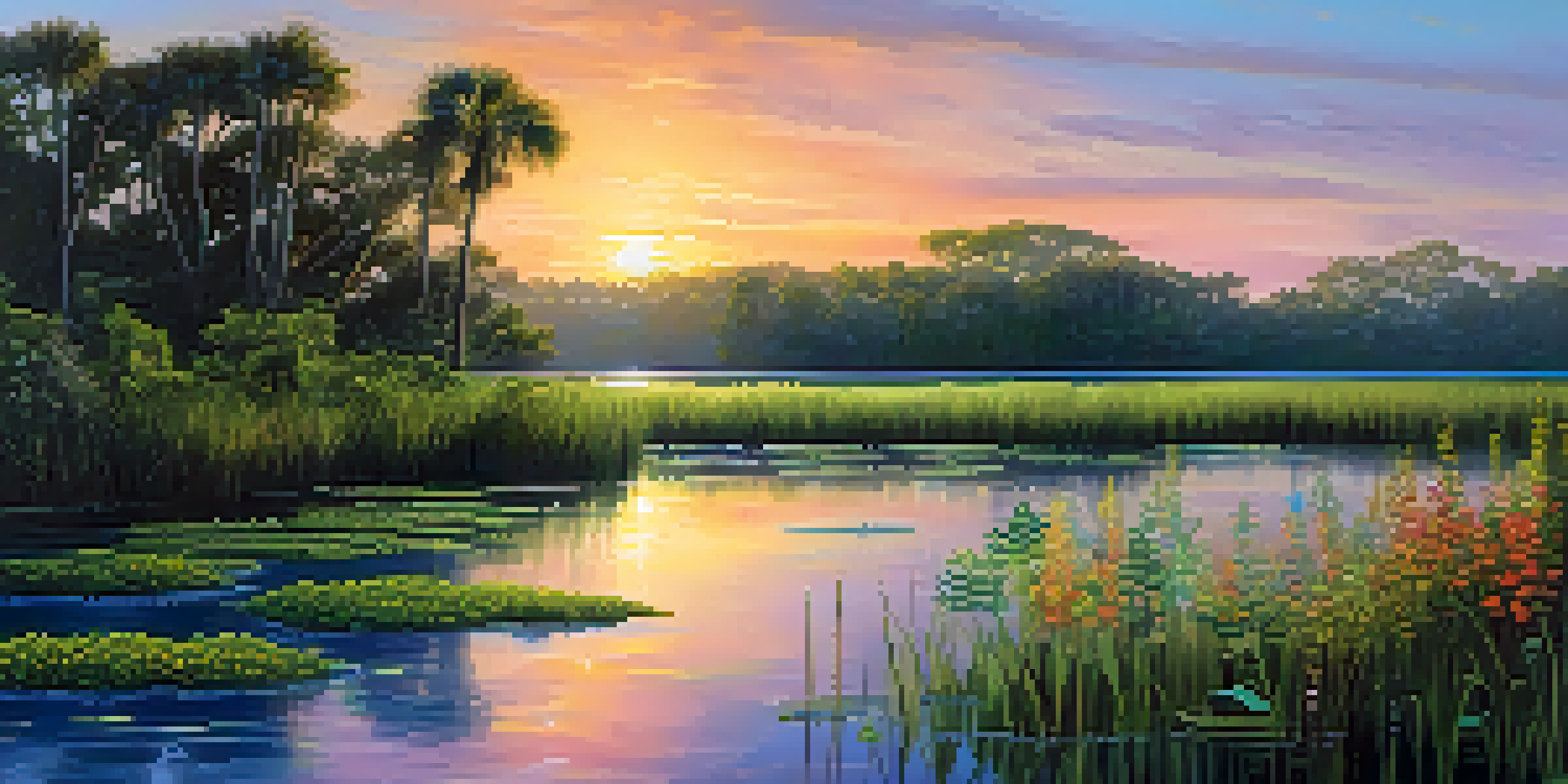 A peaceful sunrise over the Florida Everglades with manatees swimming in the wetlands.