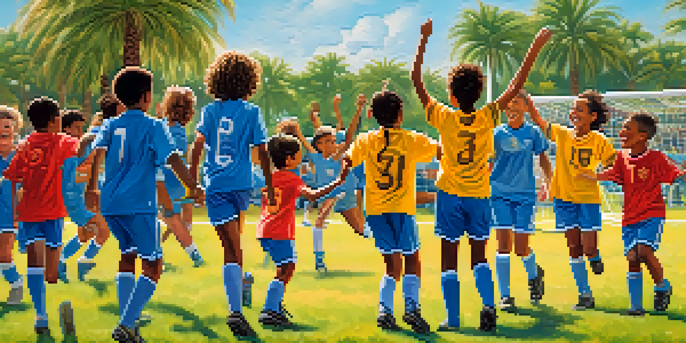 A diverse youth soccer team celebrating a goal on a sunny Florida field, high-fiving and cheering together.