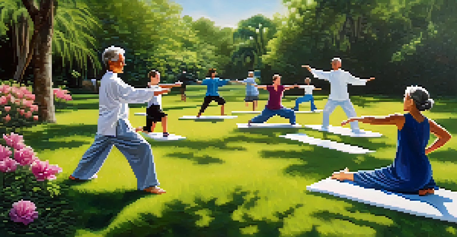 A group of people practicing tai chi in a park, surrounded by greenery and flowers.