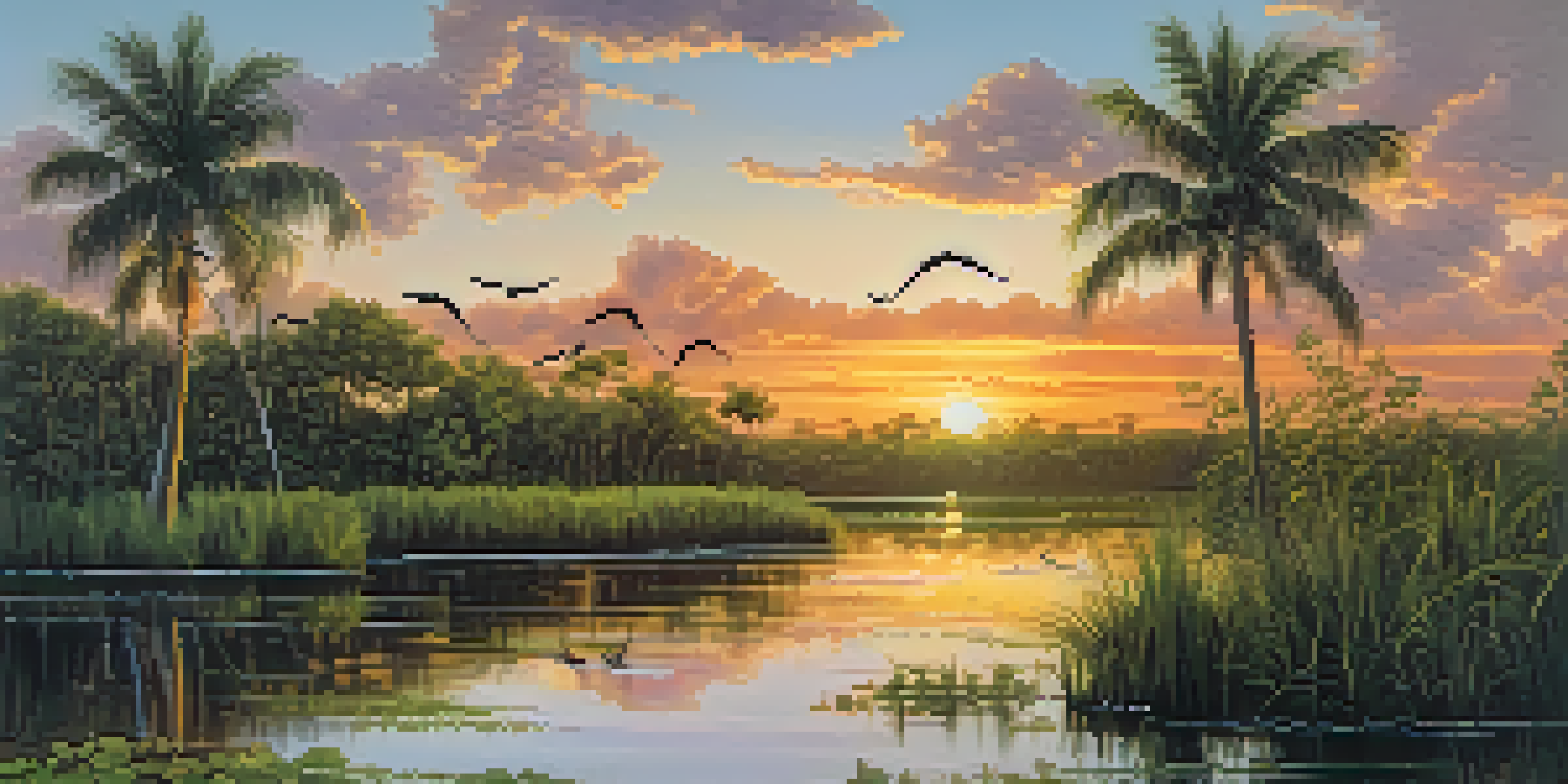 A colorful sunset over the Everglades in Florida, featuring green plants, a calm waterway, and birds in the sky.