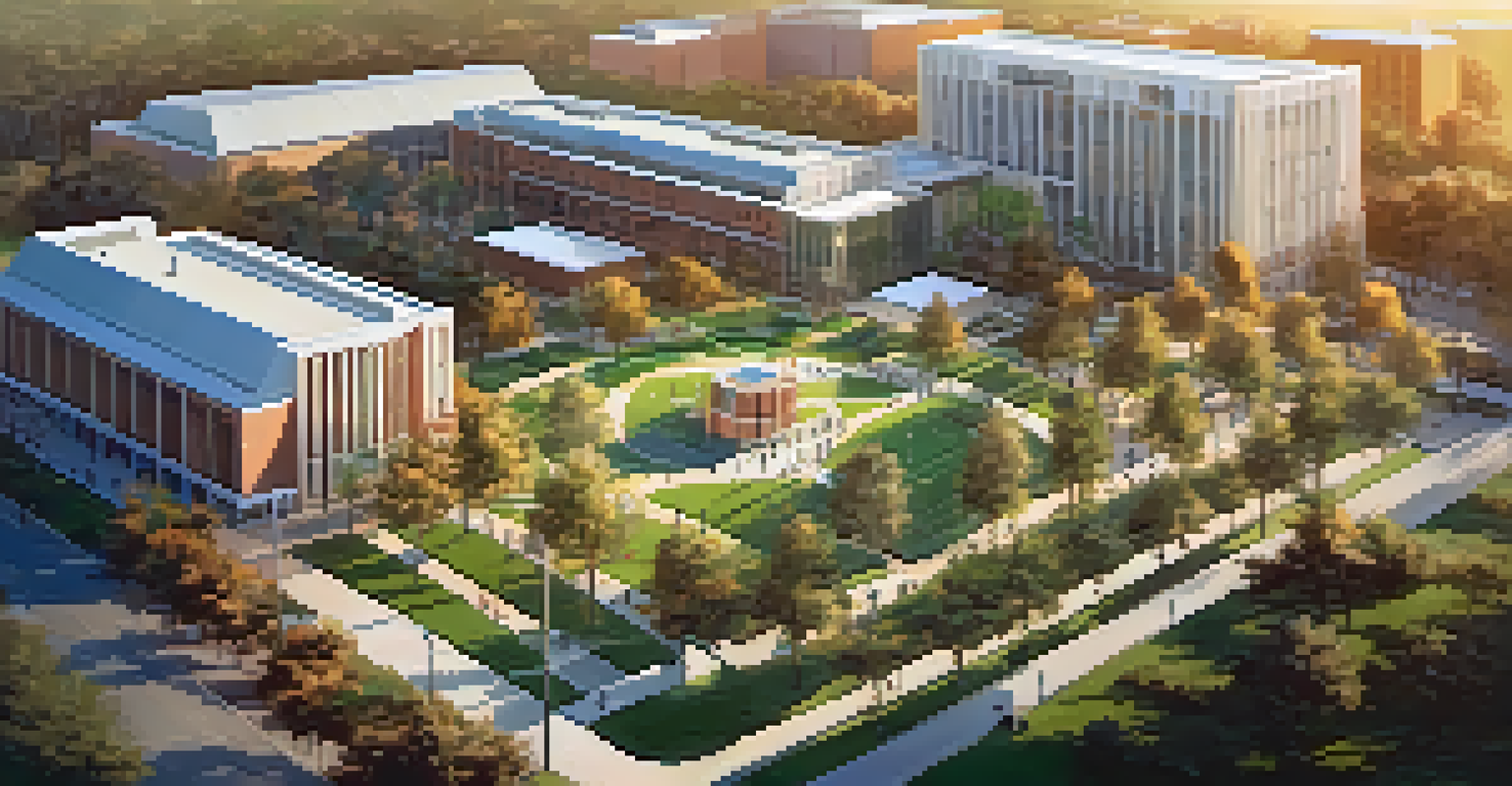 Aerial view of the University of Florida campus with students outdoors, modern buildings, and greenery bathed in golden hour light.