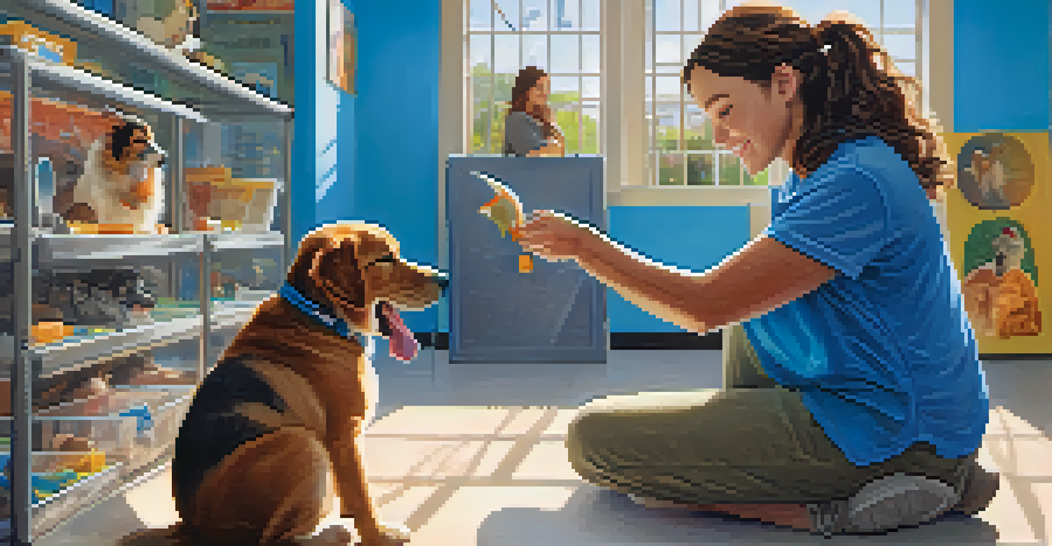 A volunteer petting a happy dog at an animal shelter with colorful walls and natural light.