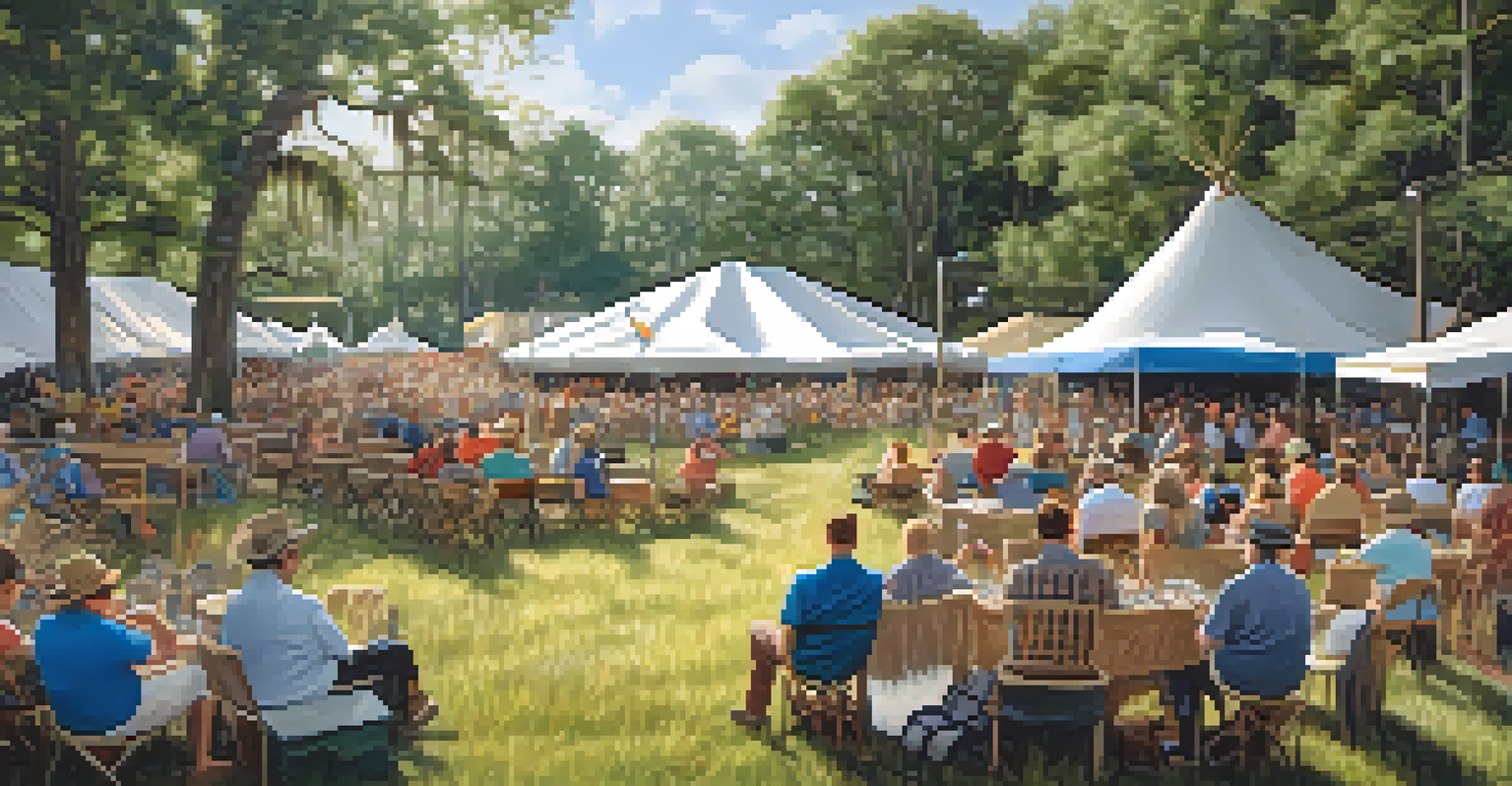 Attendees enjoying live bluegrass music at the Florida Folk Festival, with artists on stage and workshops in the background.